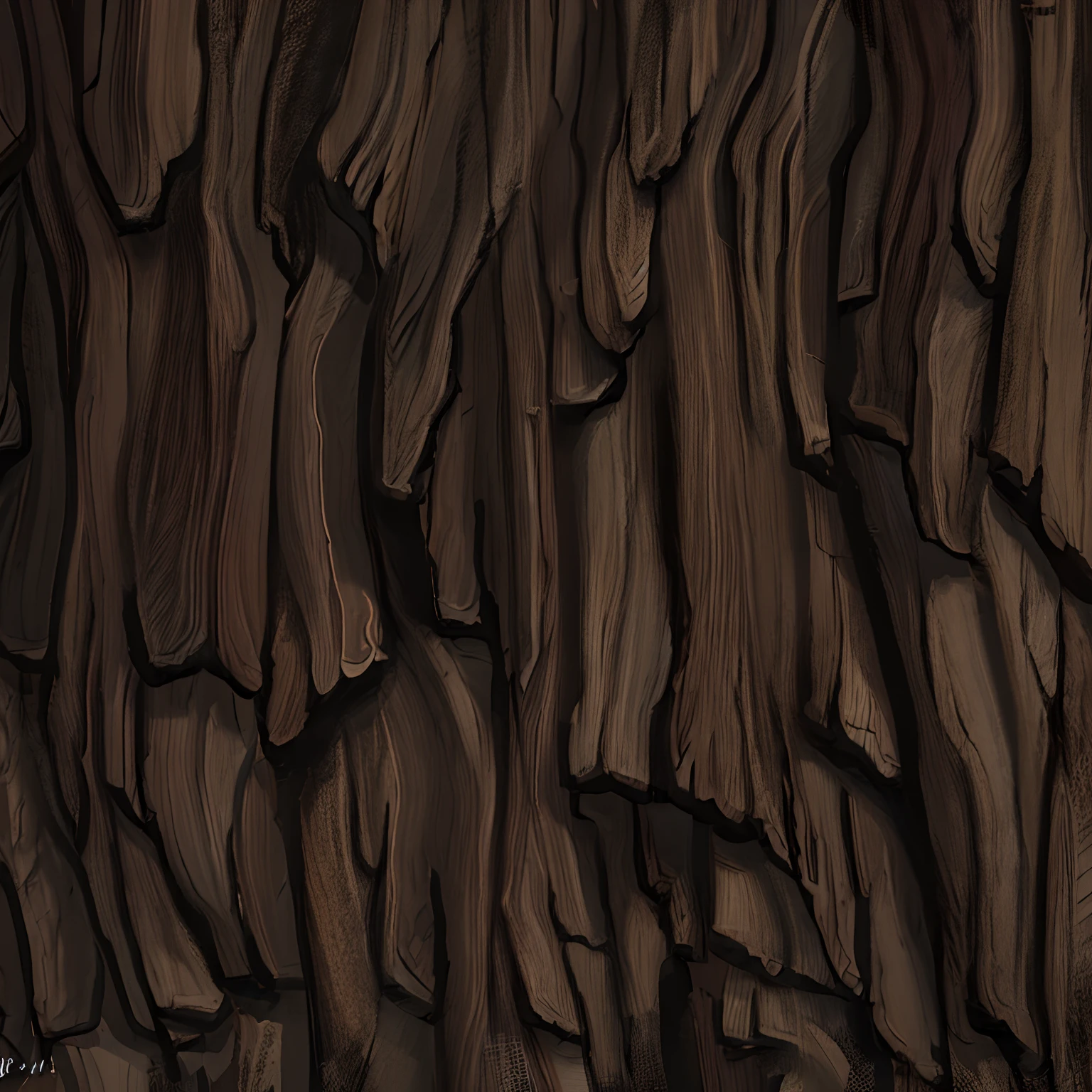 Create a image texture of stylized dark brown bark of a tree trunk , a stylized texture of the bark bark, the bark has deep grooves and lines that create a contrast. very detailed digital painting, uniform soft lighting, natural soft lighting. game texture, 2 d texture, 2d texture, rough texture, the bark texture, hand painted textures . Seamless, tillable,