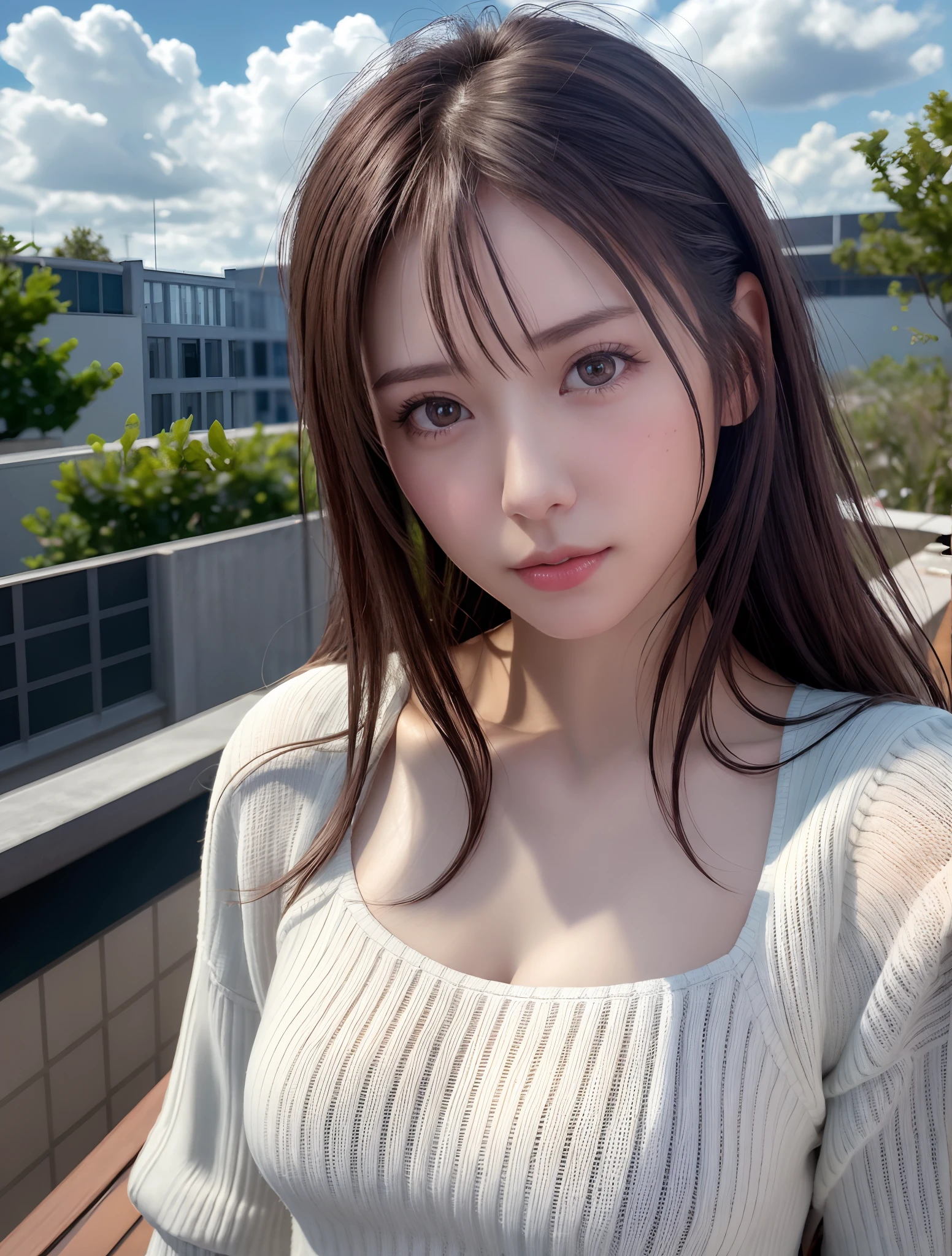 (Solo:1.3)), 1girl in, Best Quality, Realistic, Photorealistic, Best Quality, masutepiece, Very delicate and beautiful, Very detailed, (Selfie:1.2), Fine detail, Ultra Detail, High Definition, Very detailed, Realistic, Ultra high definition, Best Quality, Ultra high definition, (Real:1.4), high quality texture, Wearing white and thin summer knitwear,, On the rooftop, Bangs, Long hair , Afternoon light, Majestic sky and clouds