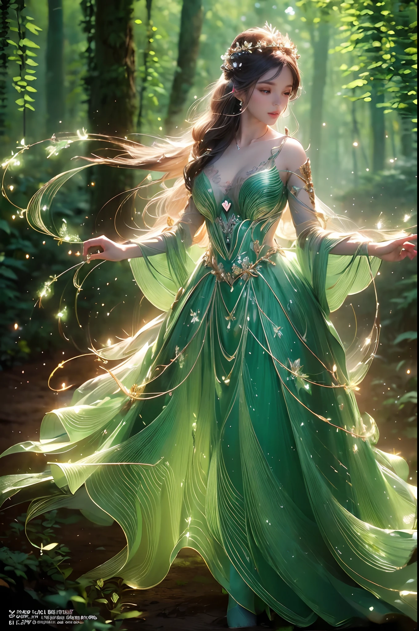 "(best quality: 1.2), masterpiece, ultra-detailed 8K UHD, ((official art)), cg, 1 ethereal forest goddess, enveloped in the ancient embrace of sentinel trees, (mystical aura:1.3). Adorning an intricately detailed dress crafted from the pure essence of the forest, woven vines adorned with dew-kissed leaves and blossoming flowers cascade down her figure. Her skin exudes a soft, ambient green glow, blending seamlessly with nature's embrace. Luxuriant hair flows, alive with blossoms, buds, and twisted branches, crowned with an elaborate diadem of intertwined branches and shimmering dewdrops. Her eyes, deep and captivating, are a highly detailed shade of green, reflecting the mysteries and wisdom of countless forest eons. Surrounding her, fireflies illuminate the scene, their light rendered with breathtaking realism, casting specks of gold onto her silhouette and accentuating her otherworldly beauty. Gentle hands outstretch, releasing a whirlwind of vibrant petals, leaves, and luminous fireflies, ((heart of the forest:1.4)), symbolizing the very pulse and breath of the woodland realm. The backdrop is an enchanted forest, where beams of light weave stories and shadows whisper ancient secrets, solo, (songs of old subtly resonating:1.1), (dress shimmering with every forest hue, adorned with nature's gems:1.4), (contrast of earthen elegance and luminescent glow:1.3)".