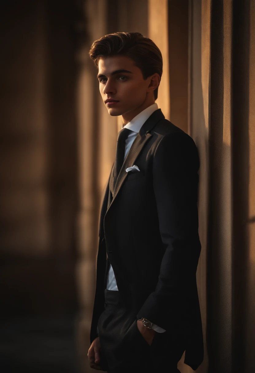 an 18-year-old man standing in a suit and tie, body and head straight in the photo, DSRL, de frente para o espectador da foto, eyes fixed to the lens, Appears shoulders and head in the photo, homem centrado na foto, 8k, best quality, master part, Realistic, Realistic photo, foto do filme, ultra realistic, 1 pessoa, circunstanciado, perfect lighting, DSRL, foto profissional, 4k