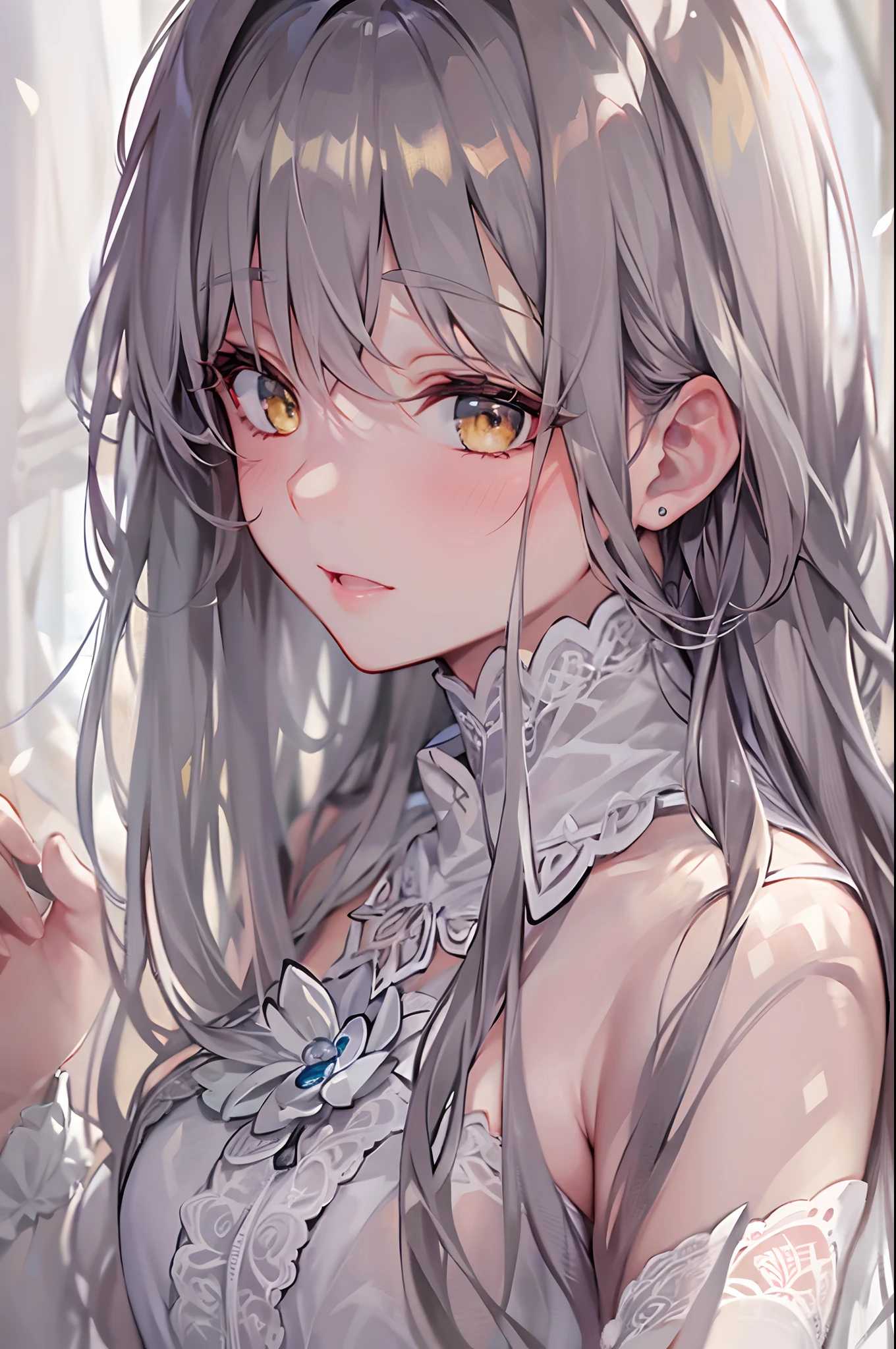 silber hair、Semi-long hair,{{{{{{{{ Black Parker Oversize }}}}}}}},beautiful and delicate golden eyes,Thinking,Black clothes,