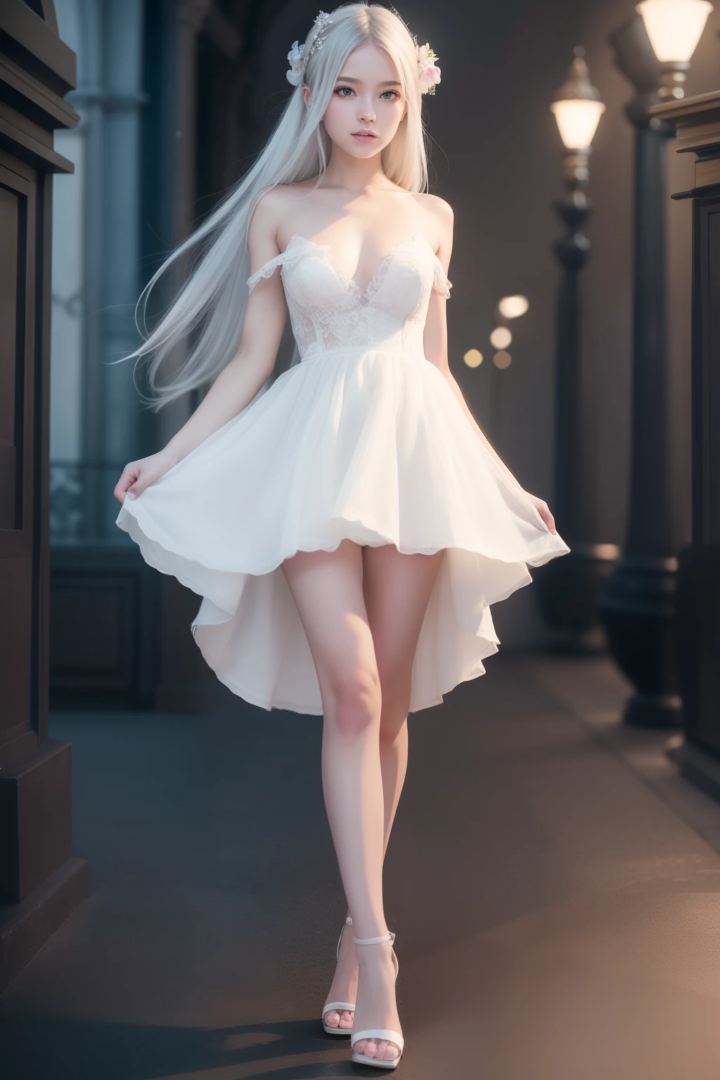 animification,(Illustration 1:1),masutepiece, Best Quality, Extremely detailed, cinematic lightening, intricate detailes, hight resolution, Official art,Illustration, Dense beautiful face and eyes, High resolution illustration, 8K, depth of fields, Bokeh, Solo, 1girl in, Girl with white hair and red eyes, long white hair, Beautiful red eyes, ,Very small breasts,Very small,Delicate body,Skinny Legs,Princess style,Longer dress,high-heels,