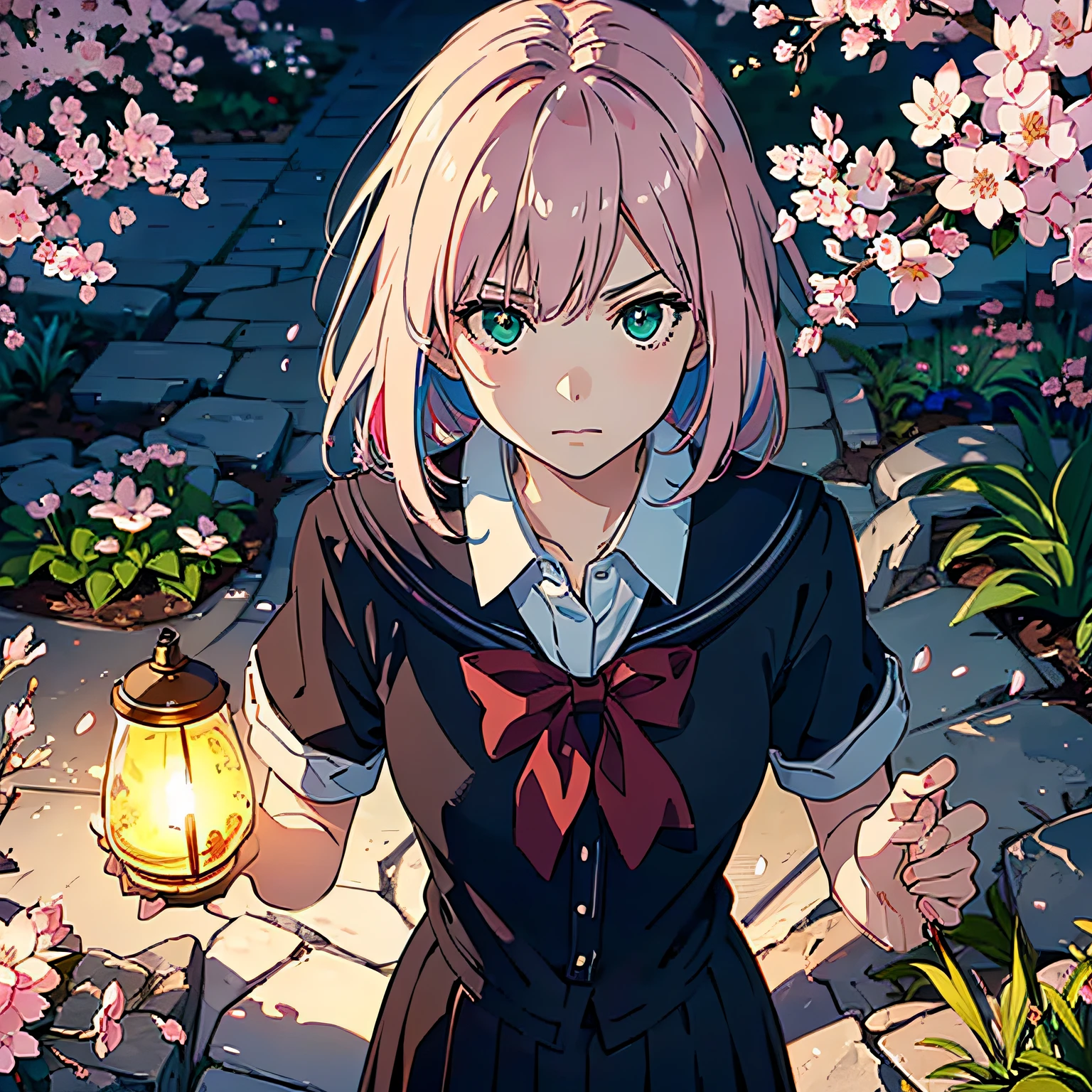 (school, morning, entrance, gardens, cherry blossoms, anime main visual, concept art with 8K resolution, soft lighting, beautiful composition, play of light, colorful, movement, photorealistic, ultra detailed, masterpiece, arbitrary pose, poster , wallpaper, 1:4 top view), ung girl, pink hair, green eyes, (arrogant expression) school uniform, in front of the school