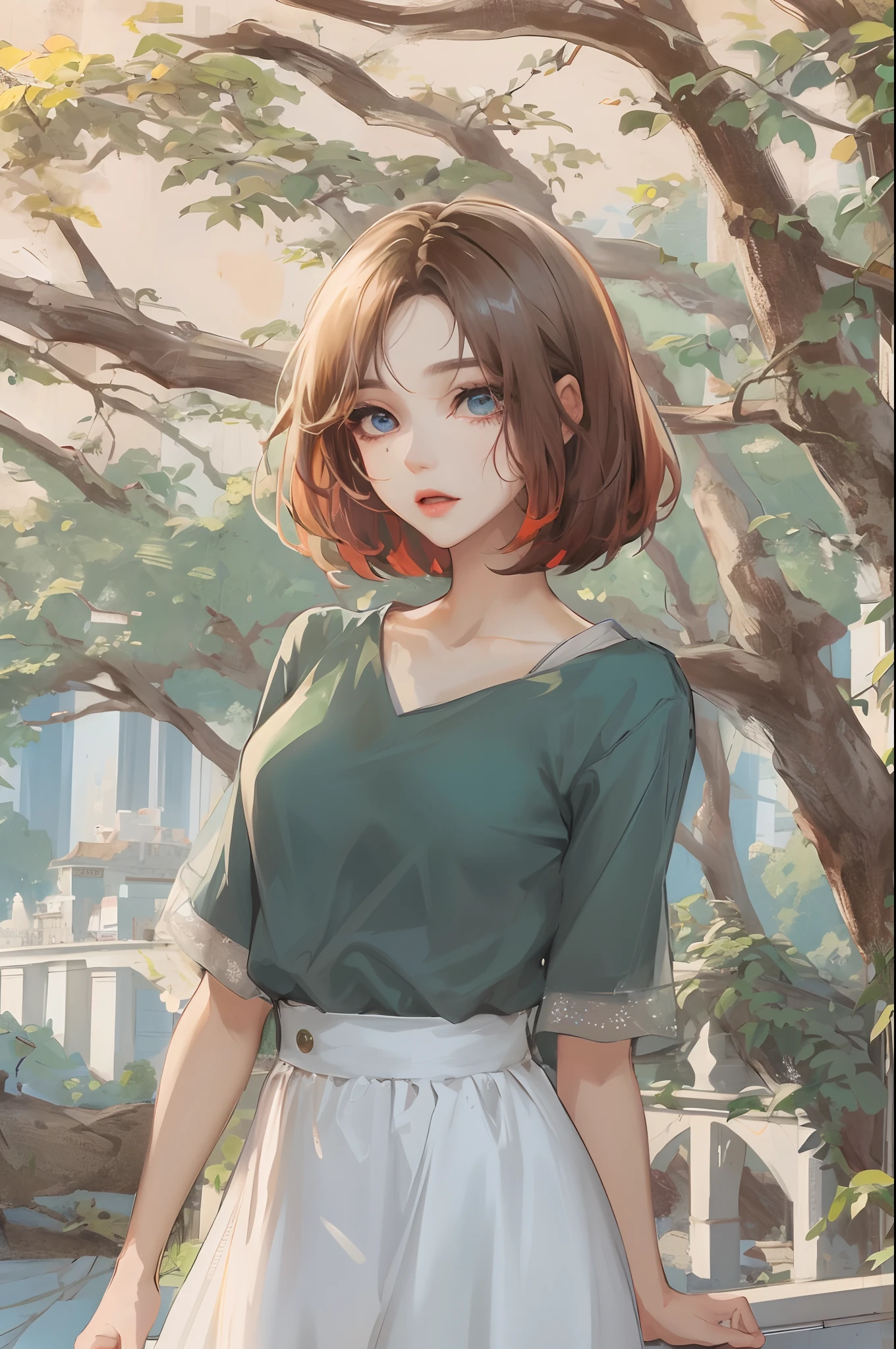 Absurdres, Masterpiece, Best quality, light colors, korean girl from webtoon with Beautiful face , beautiful short bob hair , a character from kdrama, anime eyes, semi casual clothes, masterpiece background, detailed background