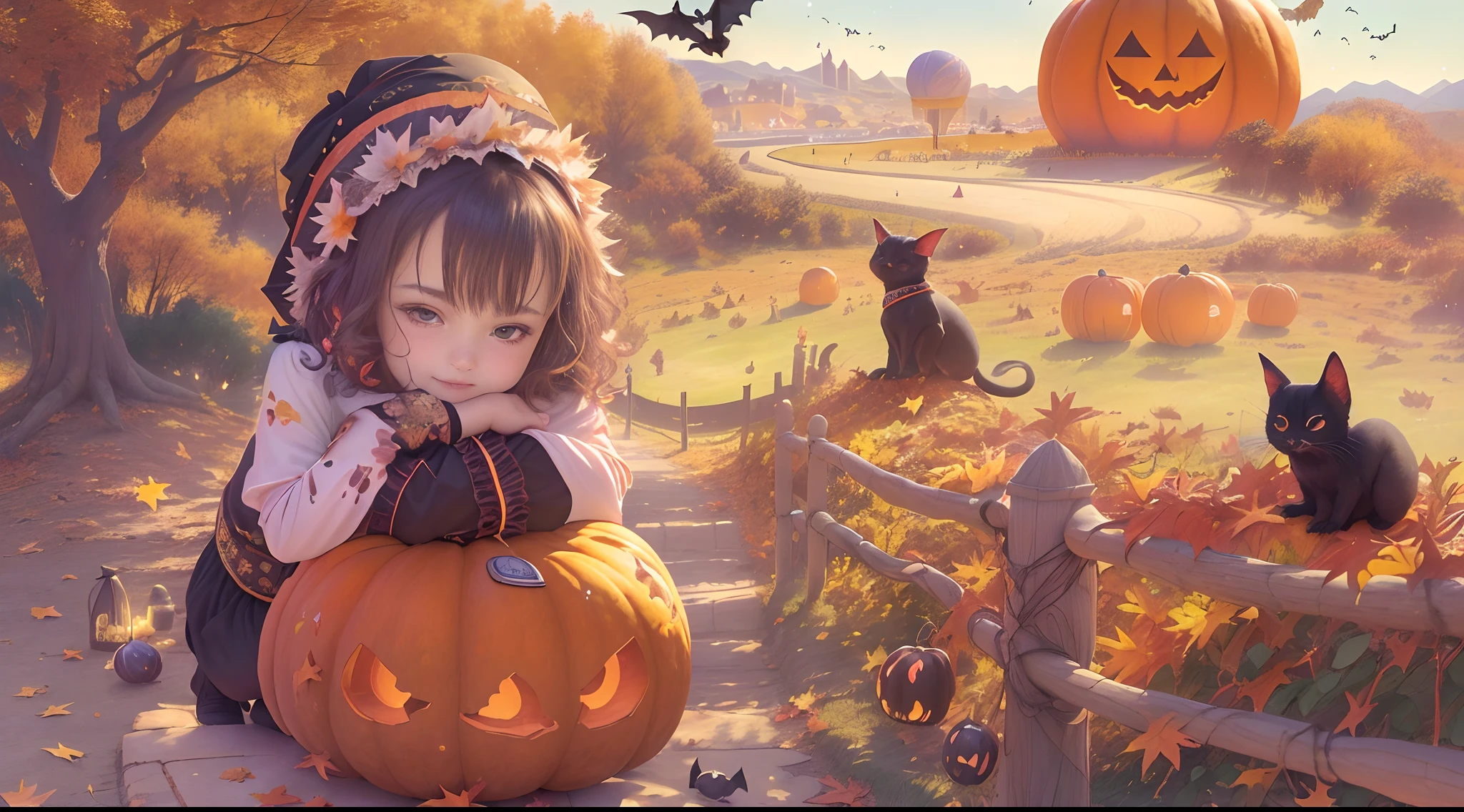 A girl in a pumpkin-shaped costume,ssmile, Trick or treat without sugar,Clothing ideas,Vibrant colors, Surreal, (Autumn leaves), glittering stars,(Enchanting Moon),(A path leading to the Kasbah),dark palette,Subtle orange and red,grave stones,mystical aura,(Remote location),(the bats:1.1),Bats fly overhead,black cats,hauntingly beautiful,Celebrate the celebrations,Magical tricks,Youth and innocence.(Best quality,4K,8K,A high resolution,Masterpiece:1.2),Ultra-detailed,(Realistic,Photorealistic,photo-realistic:1.37).