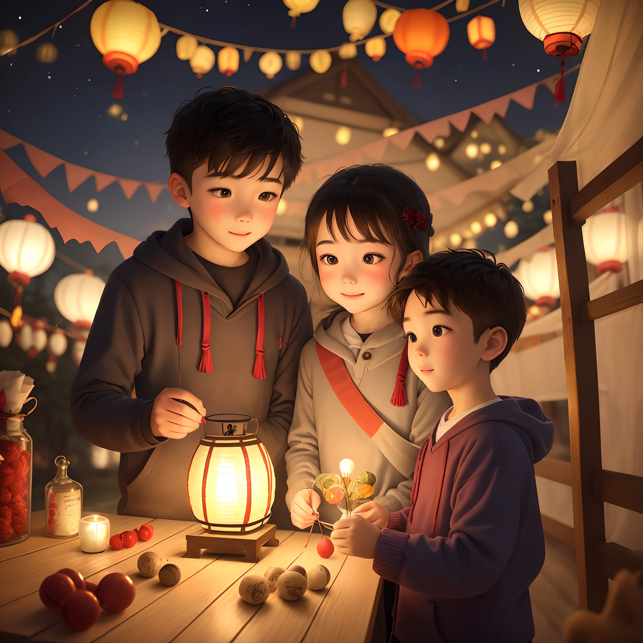 A boy and a girl are decorating lanterns together at the weekend