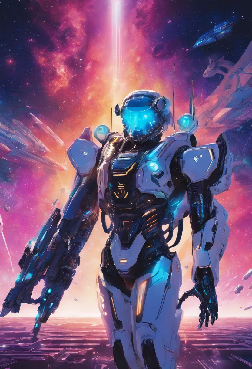 Dressed in a cool mech，Travel in outer space，The whole body is glowing with blue，Dominate the universe