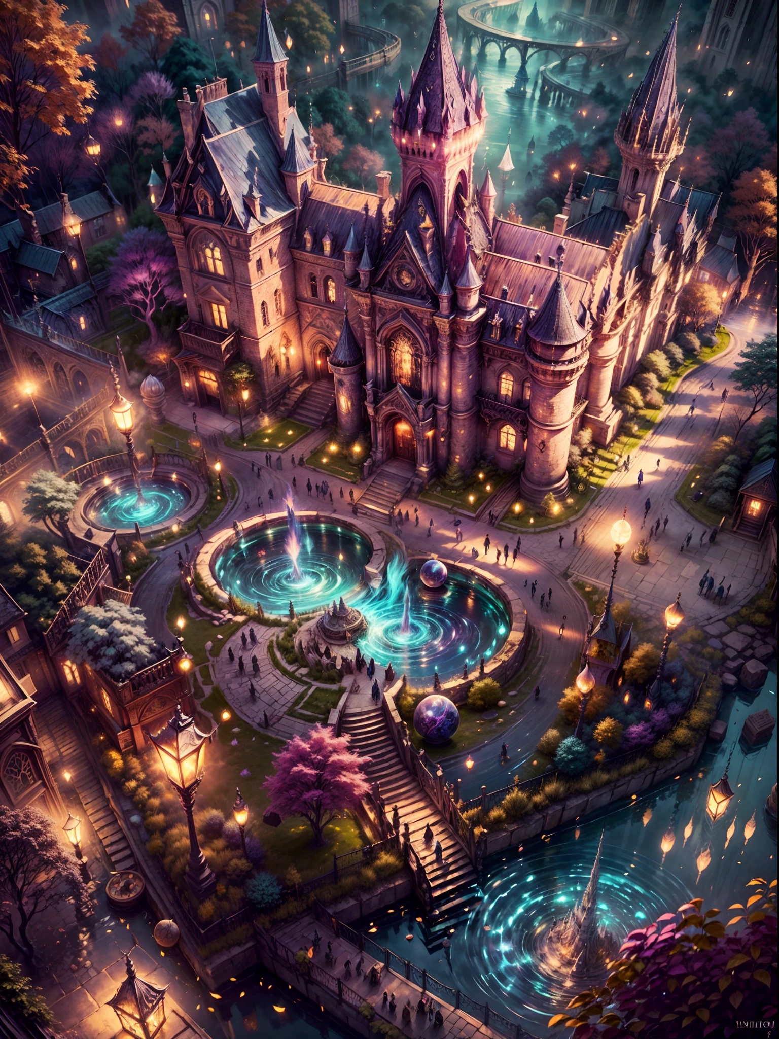 aerial view,magic academy,Hogward,captivating,enchanted,magical,tower,castle,grand,gardens,majestic,impressive,spires,turrets,flags flying high,ancient,stonework,gothic architecture,imposing doorways,marvelous,ornate windows,mysterious atmosphere,magic in the air,twinkling lights,glowing enchantments,floating objects,sparkling fountains,spellbinding,enchanted forest,sunlit meadows,whimsical creatures,quidditch match in progress,students in robes,wand-waving,magical prowess,harry potter references,bookish atmosphere,ancient library,secret passages,mage professors,divination class,charm classes,umsbrige in her pink cardigan,spiraling staircases,house elves,expensive cauldrons,magic wands,broomball,magic mirrors,mystical spellbooks,dark arts,dumbledore,hermione,ron,quill pen,inkwell,quidditch robes,rusty quaffle,seeker,snitch,slime filled bog,ferocious dragons,centaurs,fluffy,hippogriff,mermaids,phoenix,vibrant colors,soft lighting,a sense of wonder,magical aura,high resolution,photorealistic.