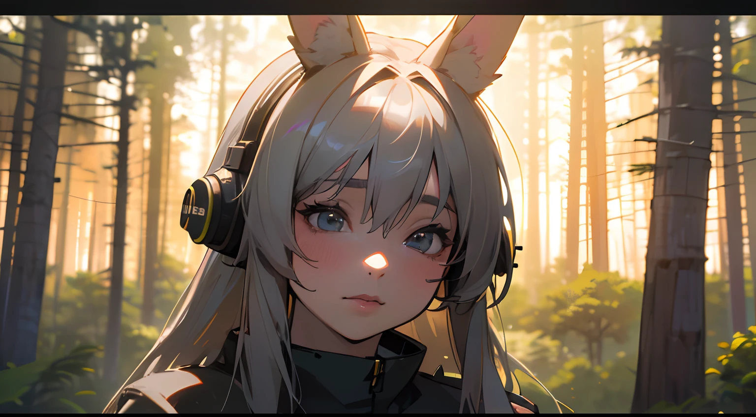 (best quality,4k,8k,highres,masterpiece:1.2),ultra-detailed,(realistic,photorealistic,photo-realistic:1.37),gray hair,female character,rabbit ears,night,forest,backlit with multiple large display screens,DJ event,anime-style art