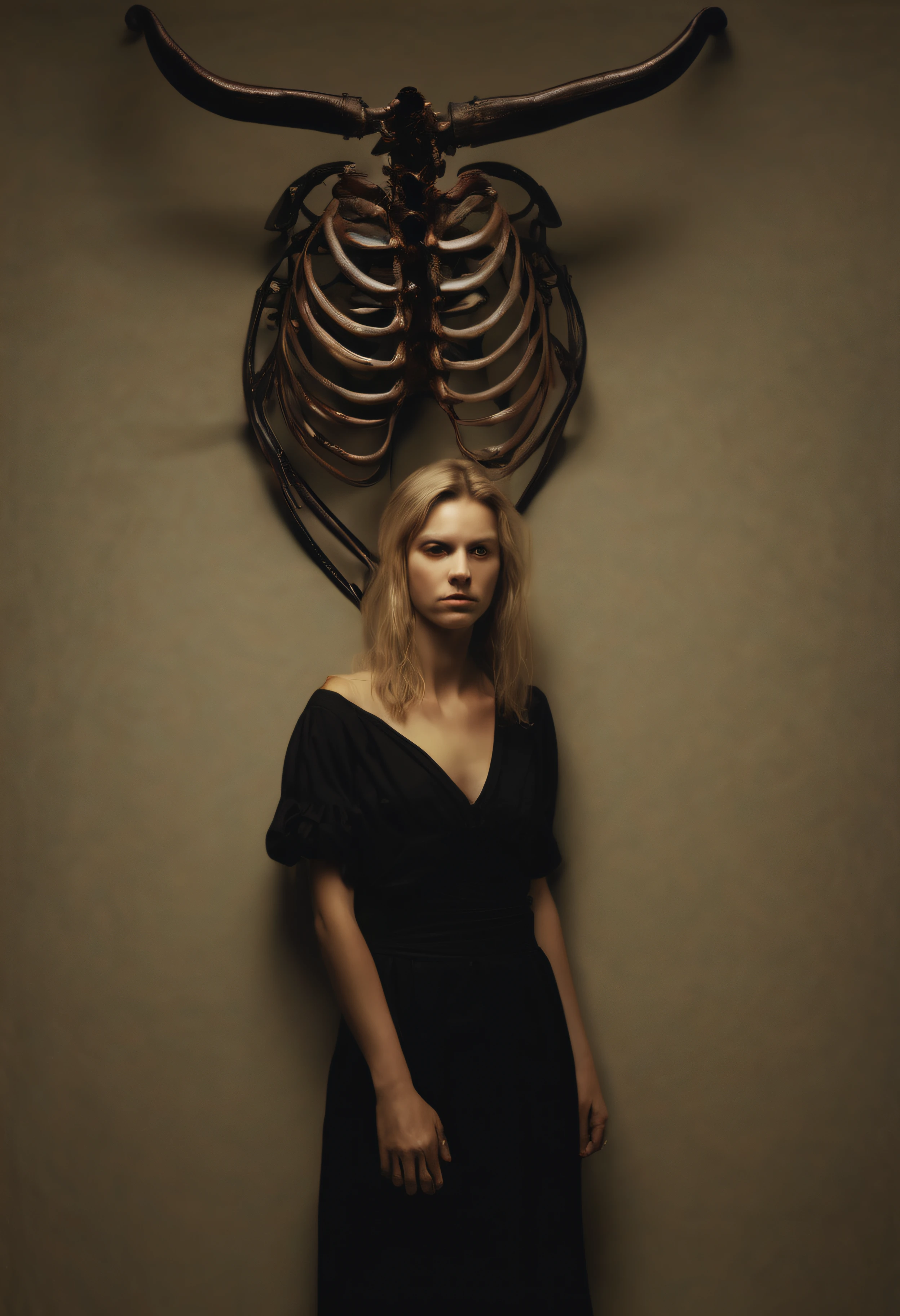 "(The best lighting, alto contraste, oscuro, dramatic),(Chica rubia junto a una cabra negra gigante, Open the rib cage, feto, autopsia, huesos humanos, sangre por las paredes). Luz Caravaggio"
