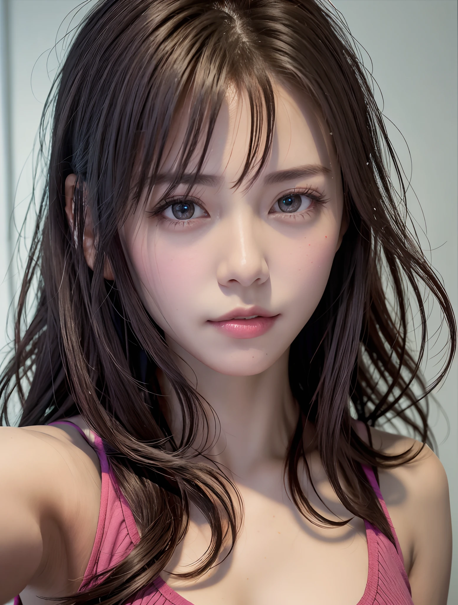 8K, Best Quality, masutepiece, Ultra High Resolution, (Realism: 1.4), Original photo, (Realistic skin texture: 1.3), (Film grain: 1.3), (Selfie angle), 1 girl, Pink clothes, Sapphire eyes and beautiful facial details, masutepiece, Best Quality, close-up, Upper body top quality image quality pull-up