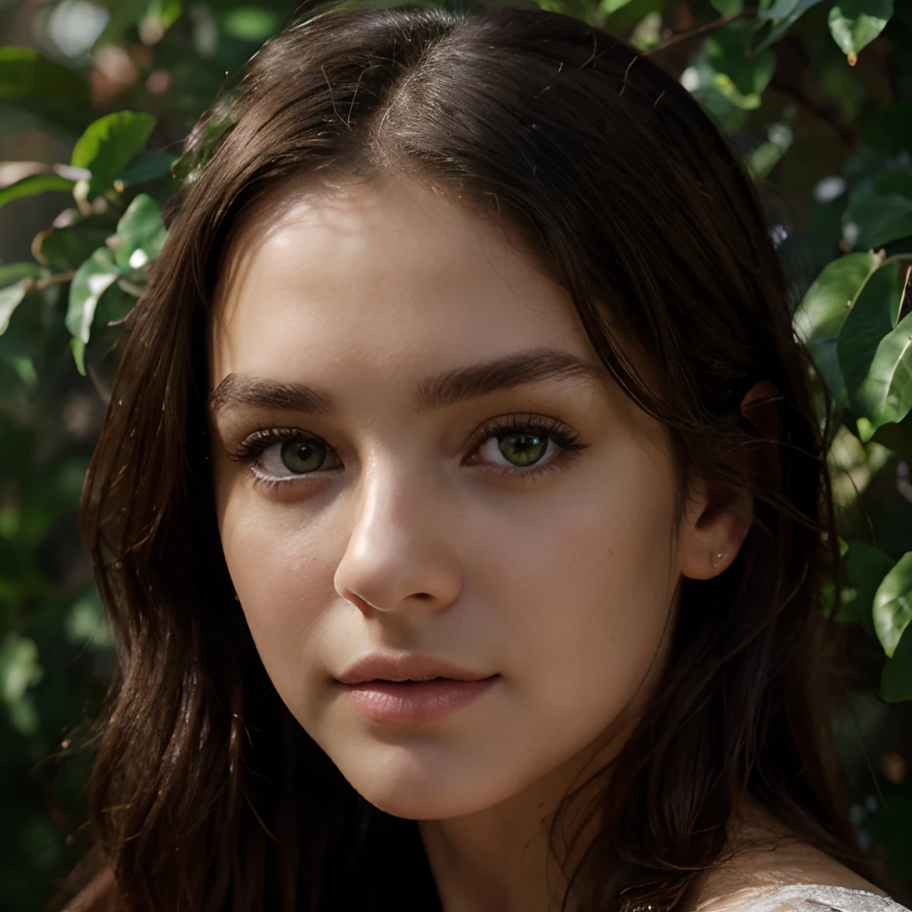 Close-up portrait of a beautiful professional model with bright, enchanting green eyes, dark brown hair, a seductive yet innocent gaze, and realistic skin. She is looking directly at the camera. There's a shadow cast on her face from some foliage. Studio lighting. Background with depth of field. 8k resolution.