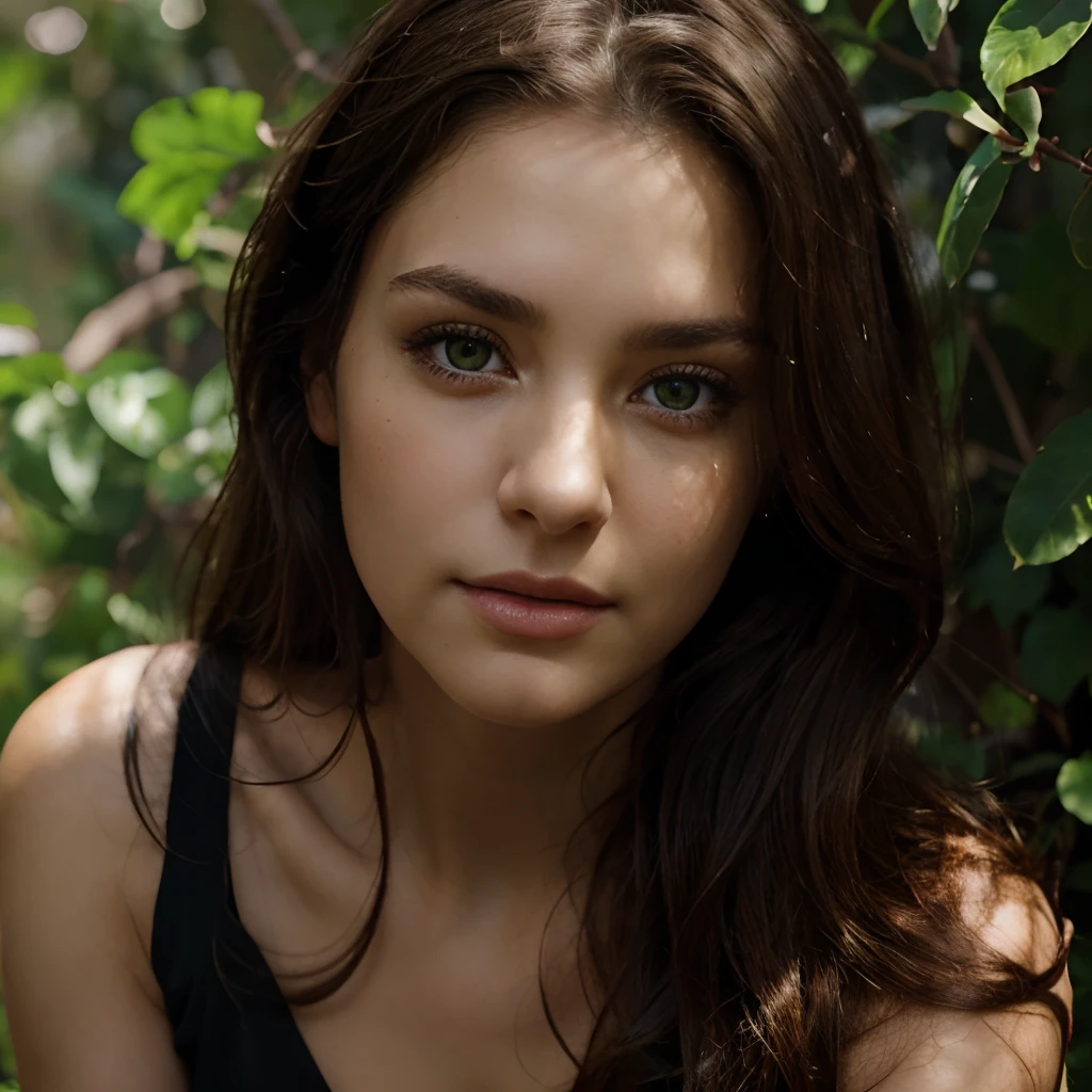 Close-up portrait of a beautiful professional model with bright, enchanting green eyes, dark brown hair, a seductive yet innocent gaze, and realistic skin. She is looking directly at the camera. There's a shadow cast on her face from some foliage. Studio lighting. Background with depth of field. 8k resolution.