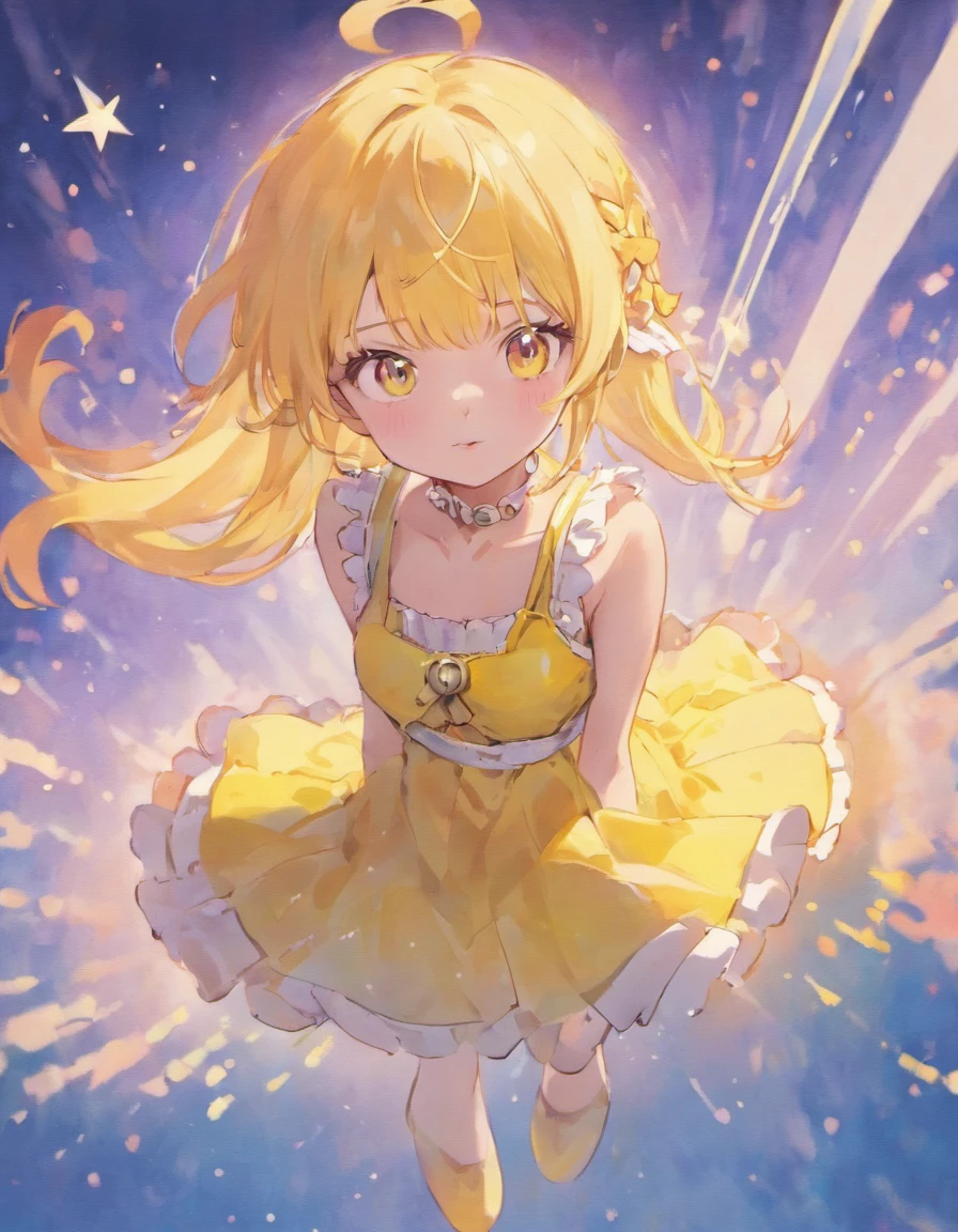 Dreamy shiny light pink hair,Pink and yellow sundress clothes,Milky,The eyes are blue,It's a cute girl, no socks, pink leather shoes, small white gloves, small pink eyebrows