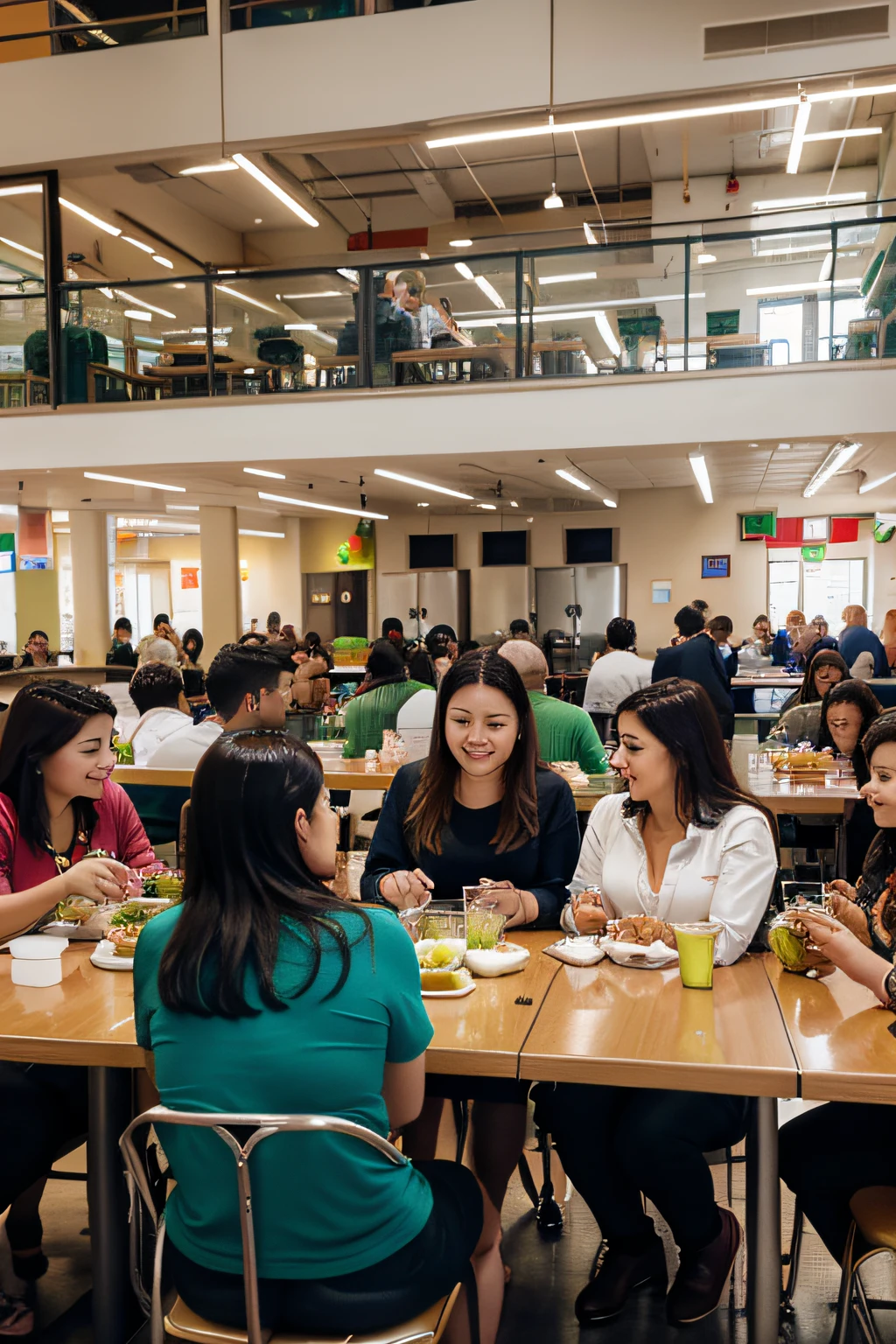 Please generate an image of a bustling company cafeteria during lunchtime, filled with a large number of employees enjoying healthy meals. The scene should depict a variety of colorful and nutritious dishes, and the employees should appear to be engaged in lively conversations while savoring their food.