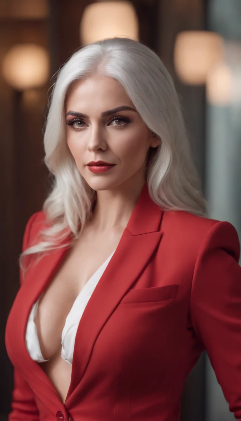 white-haired beautiful sexy busty muscular woman in a red business suit with a deep neckline