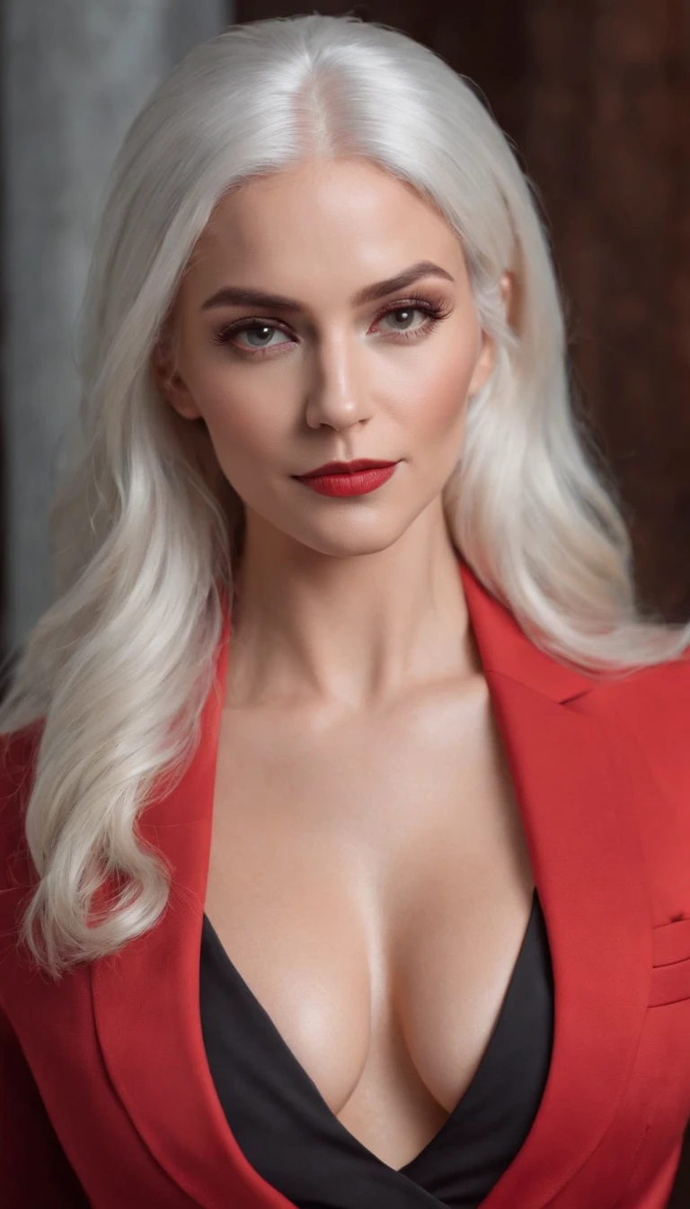 white-haired beautiful sexy busty muscular woman in a red business suit with a deep neckline