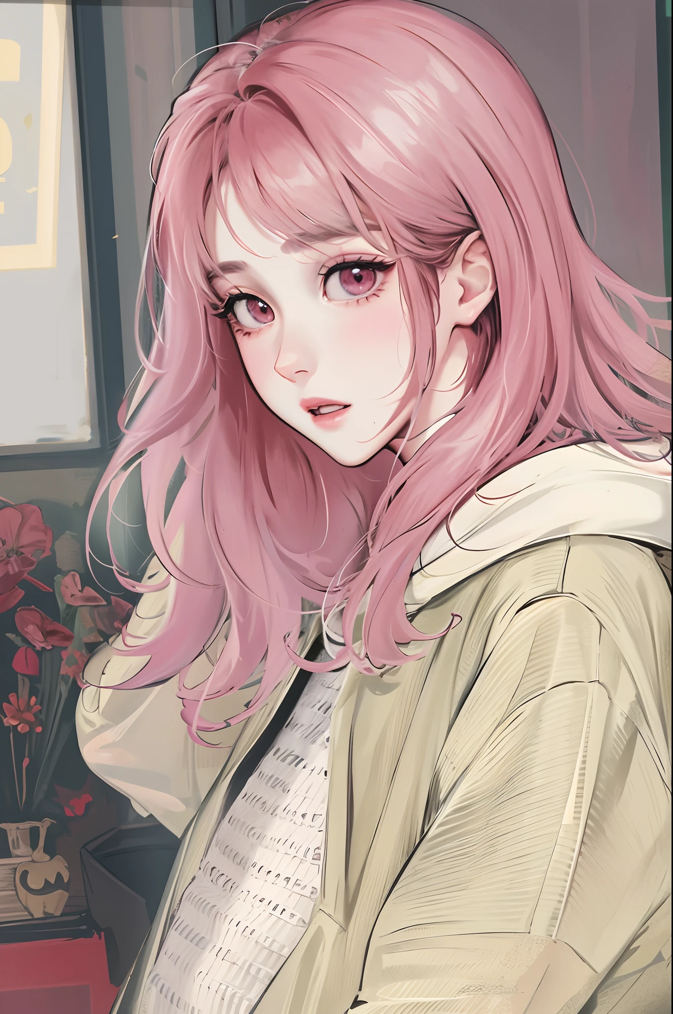 Absurdres, Masterpiece, Best quality, light colors, korean girl from K-pop with Beautiful face , beautiful hair , a character from webtoon, anime eyes, semi casual clothes, masterpiece background, detailed background