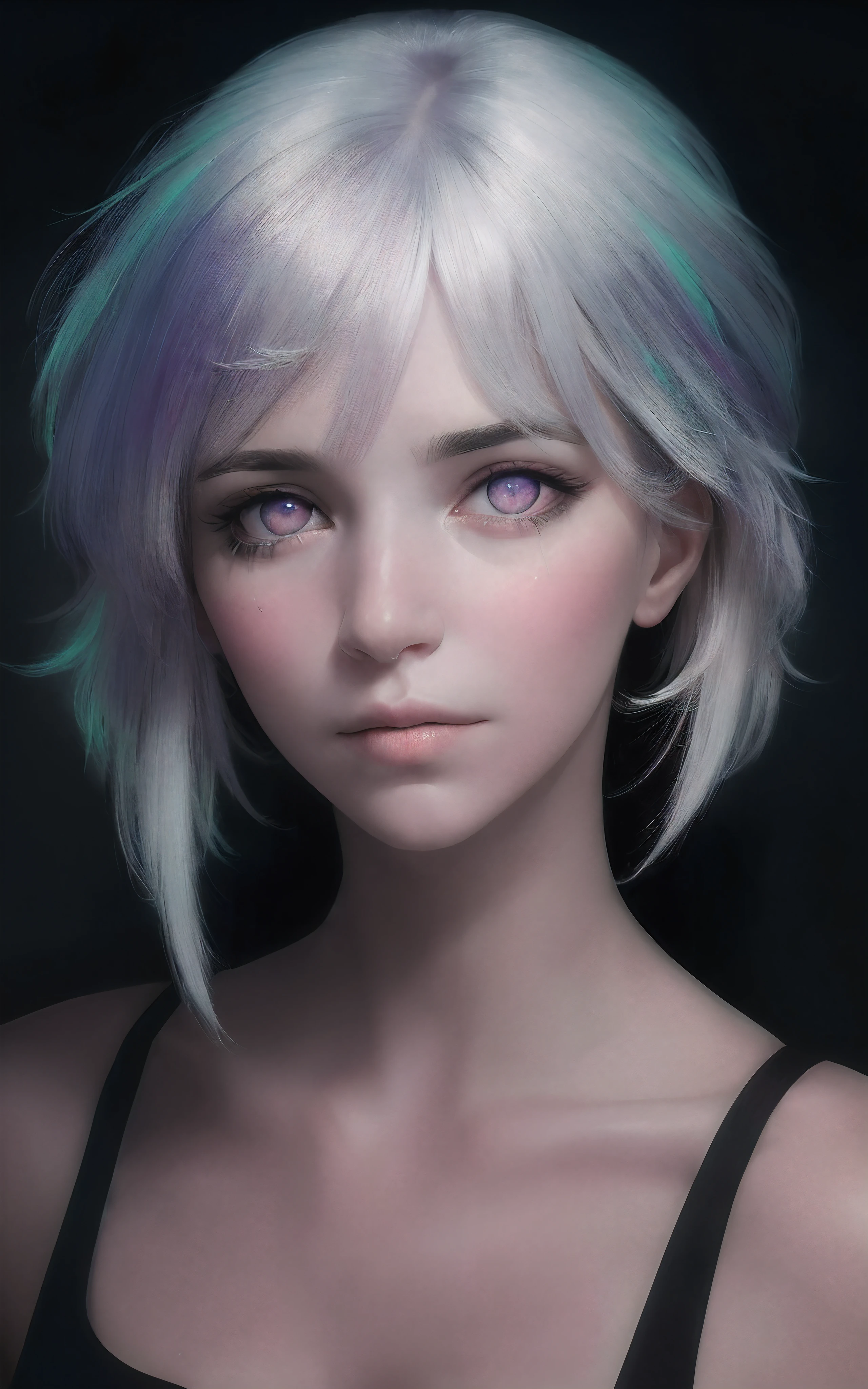 realistic, 1girl, white hair, purple eyes, glowing eyes, naked, parted lips, blush, night, flowers, sun, sunlight,