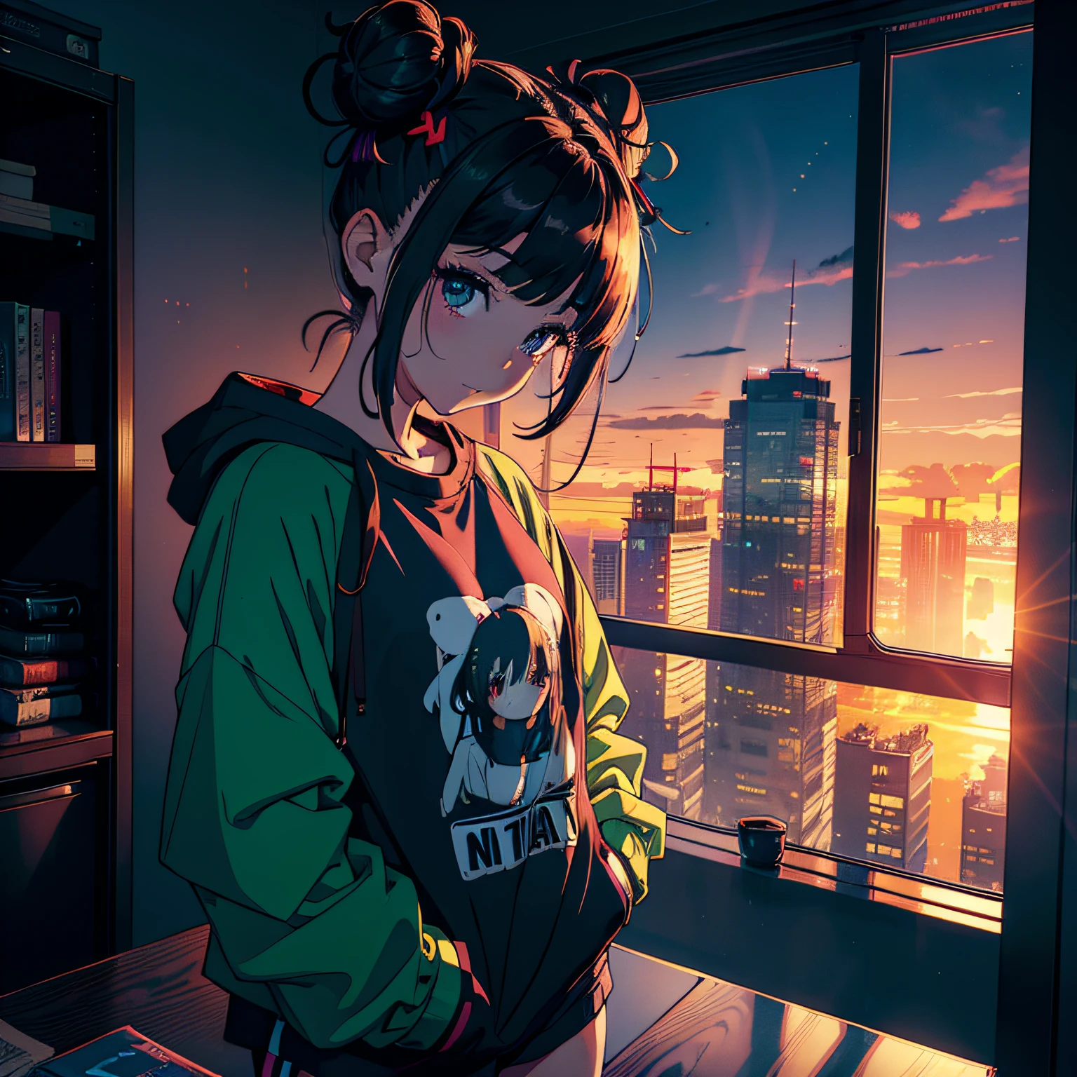 masutepiece, High quality, girl, Bun head, Colorful Highlight Hair, Big clothes, Underwear with a small area, Comfortable clothing, Indoors, Night, Sunset, Dark room, Distracting and messing with something,