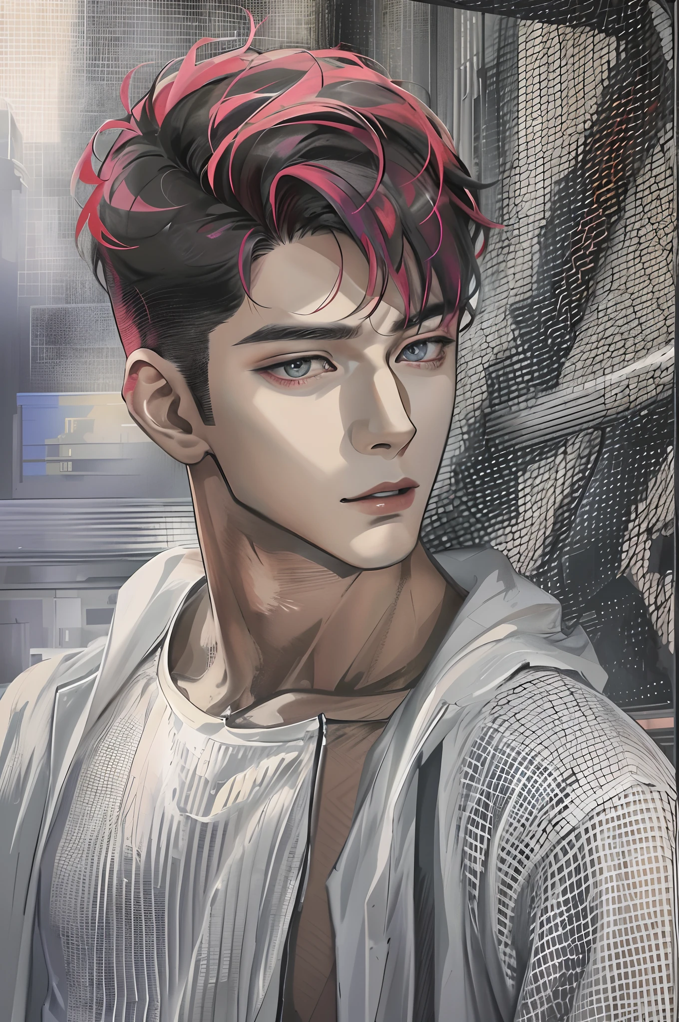 Absurdres masterpiece HDR high quality picture of a Kpop boy in sharp HD graphics, with his calm eyes and chiseled jawline, wearing a stylish, modern outfit that accentuates his lean physique. His short K-pop hair is styled in a contemporary way, giving him an air of confidence and charm as he stands against a beautiful backdrop
