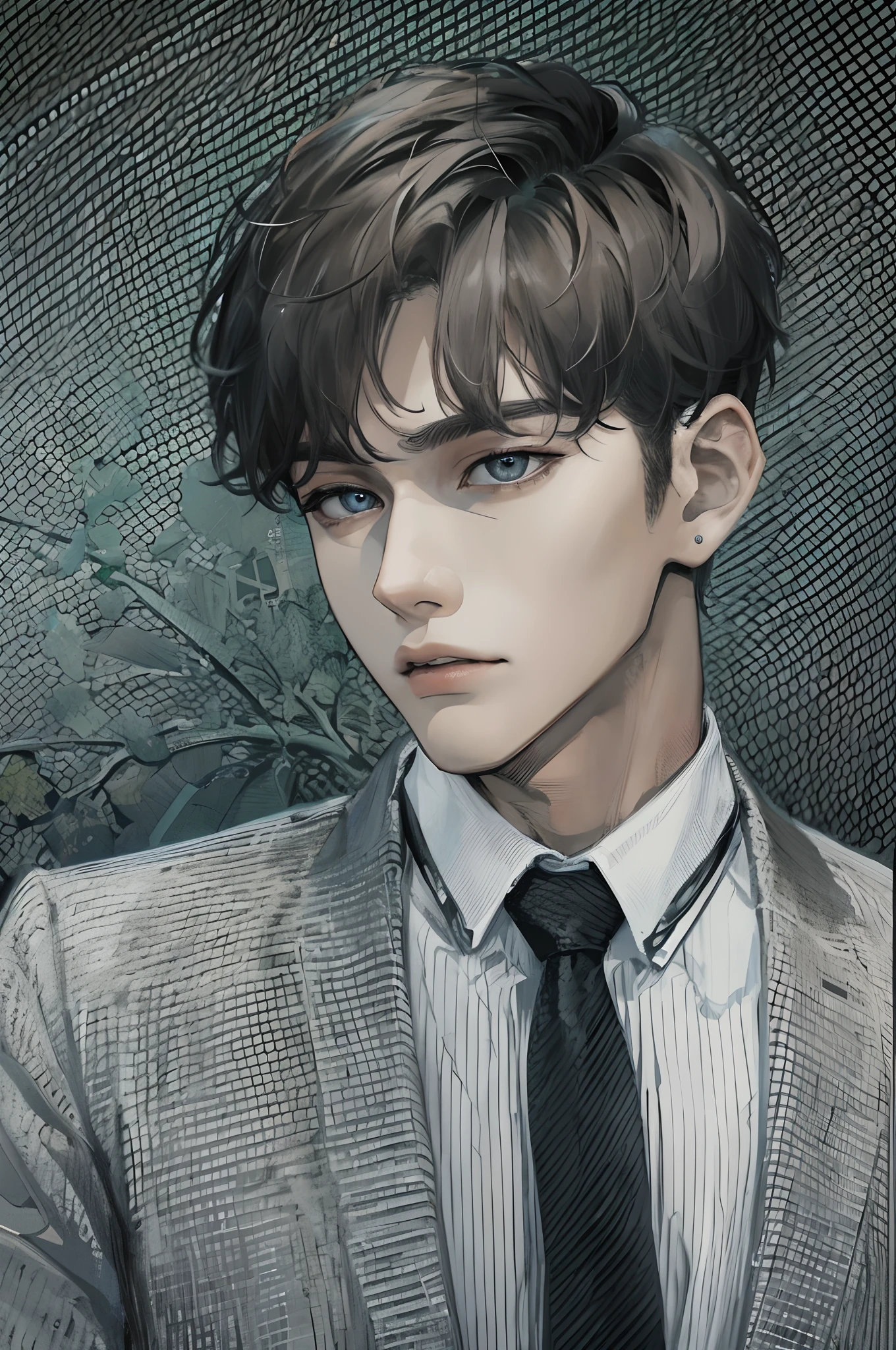 Absurdres masterpiece HDR high quality picture of a Kpop boy in sharp HD graphics, with his calm eyes and chiseled jawline, wearing a stylish, modern outfit that accentuates his lean physique. His short K-pop hair is styled in a contemporary way, giving him an air of confidence and charm as he stands against a beautiful backdrop