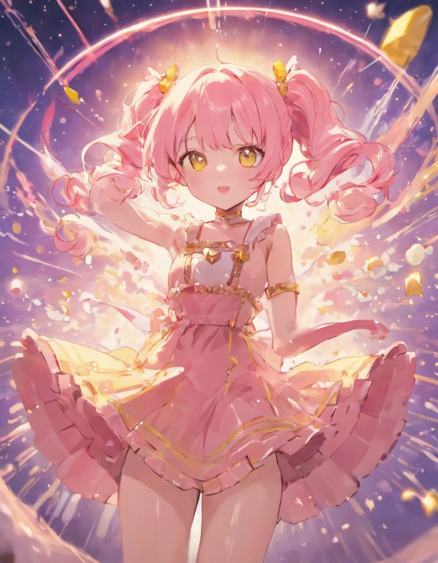 Dreamy shiny light pink hair,Pink and yellow sundress clothes,Milky,The eyes are blue,It's a cute girl, no socks, pink leather shoes, small white gloves, small pink eyebrows, pink hair in long pink pigtails, hair bows