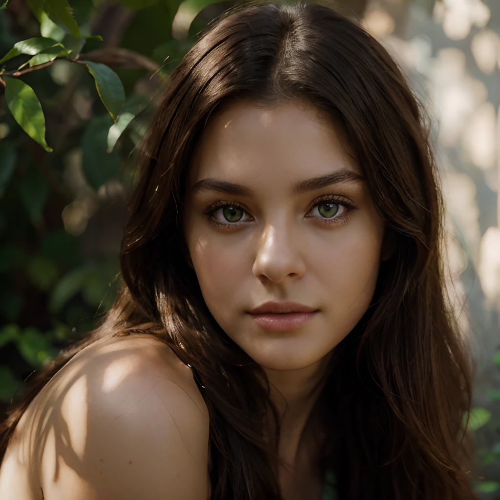 Close-up portrait of a beautiful professional model with bright, enchanting green eyes, dark brown hair, a seductive yet innocent gaze, and realistic skin. She is looking directly at the camera. There's a shadow cast on her face from some foliage. Studio lighting. Background with depth of field. 8k resolution.