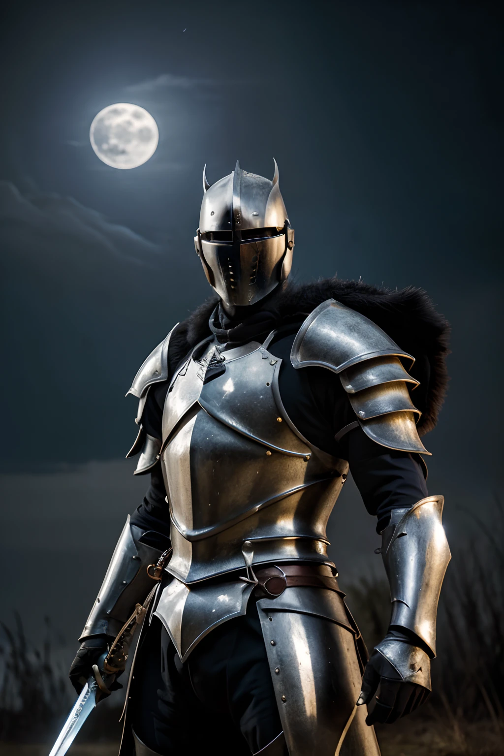 masterpiece, (dark:1.4), 1man, sword, blood, dynamic pose, tall handsome man, royal knight, short blackhair, silver armor deep shadow, darkness, (under the moonlight), award winning photo, extremely detailed, amazing, fine detail, absurdres, extremely detailed eyes and face, from below view, full armored body focus, intimidating look, looking at viewers