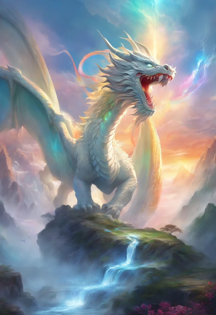 Landscape painting,White rainbow background,A huge Chinese dragon is white in the air,A huge jewel grows,Glowing water splashes and ice
