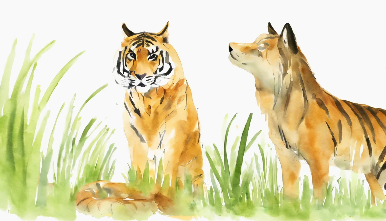 grassy、pecora、coyote、a tiger，Appear together，ink and watercolor painting