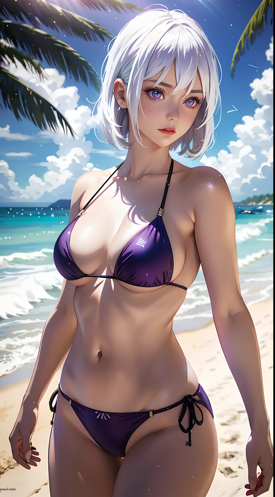 realistic, 1girl, white hair, purple eyes, bikini, beach, light particles, light rays, wallpaper,