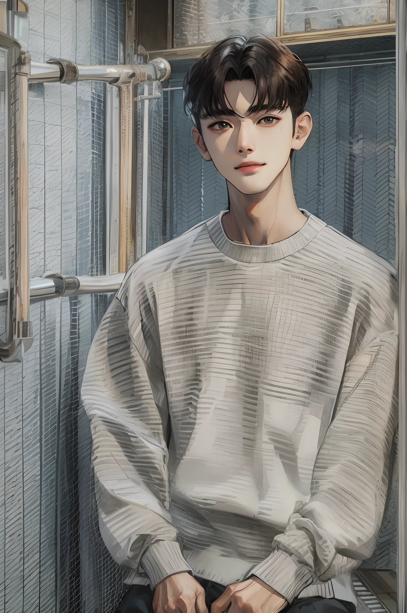 Absurdres masterpiece HDR high quality Picture a young, handsome Korean boy Korean actor cha eun woo with warm and friendly features wearing a simple and comfortable casual outfit. He sports a clean, fresh haircut that accentuates his natural good looks, and a smirking face