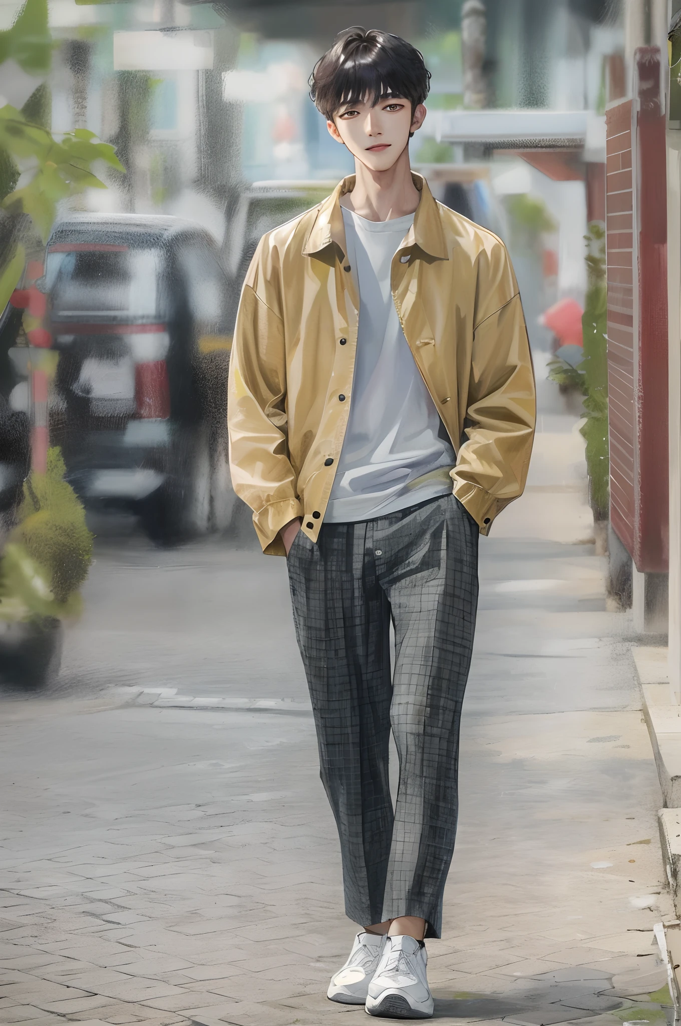 Absurdres masterpiece HDR high quality Picture a young, handsome Korean boy Korean actor cha eun woo with warm and friendly features wearing a simple and comfortable casual outfit. He sports a clean, fresh haircut that accentuates his natural good looks, and a smirking face