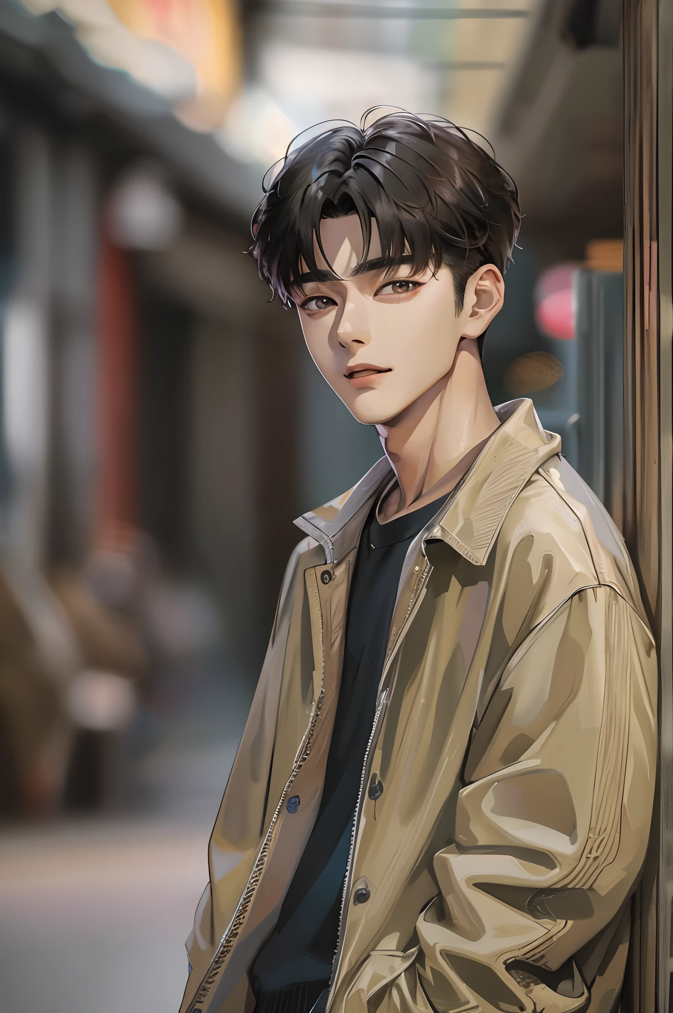 Absurdres masterpiece HDR high quality Picture a young, handsome Korean boy Korean actor cha eun woo with warm and friendly features wearing a simple and comfortable casual outfit. He sports a clean, fresh haircut that accentuates his natural good looks, and a smirking face