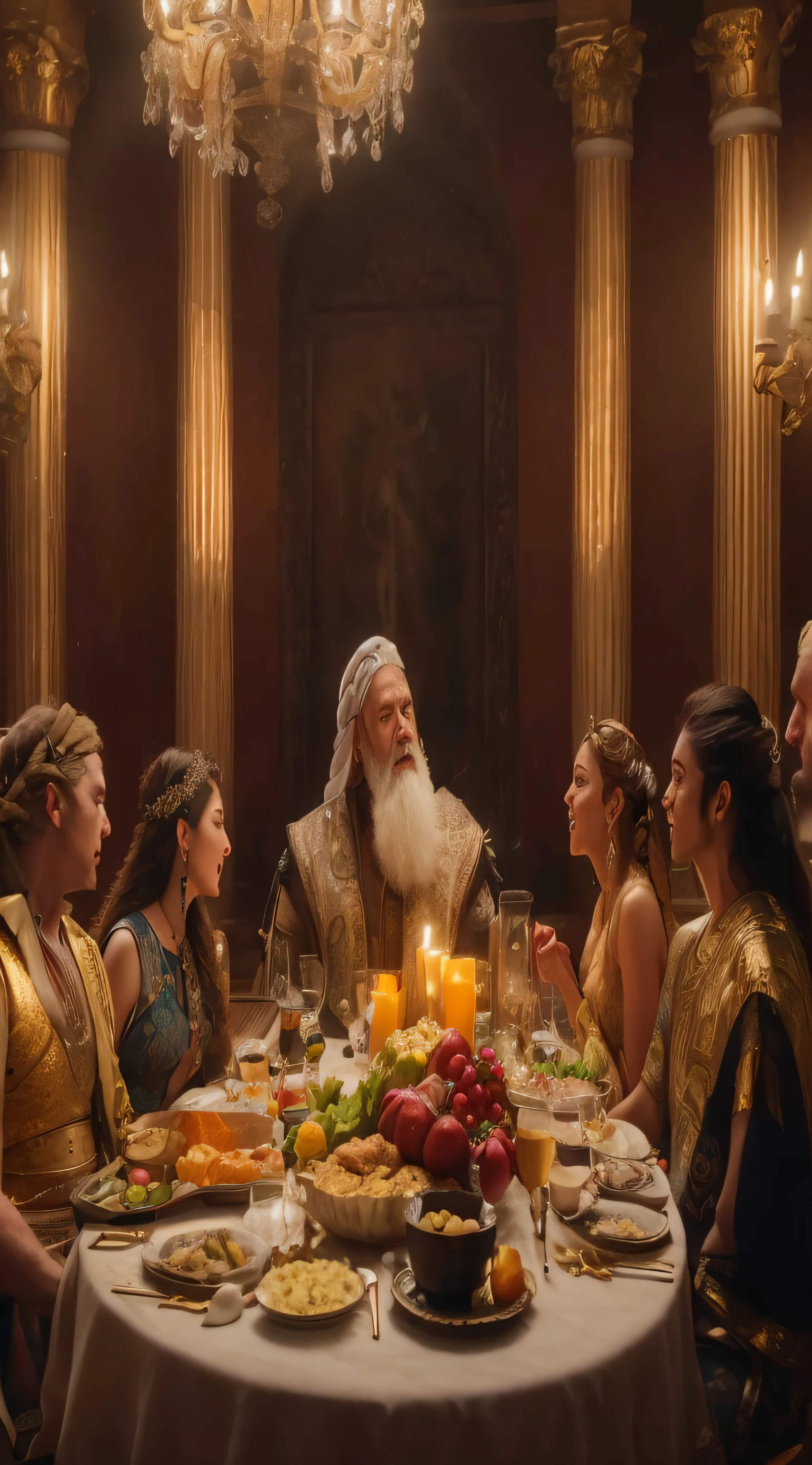 arafed image of a group of people sitting around a table with food, still from a live action movie, still from a fantasy movie, scene from live action movie, still from the movie, epic scene of zeus, scene from a movie, by Alexander Kucharsky, scene from the film, film still from god of war, kramskoi 4 k