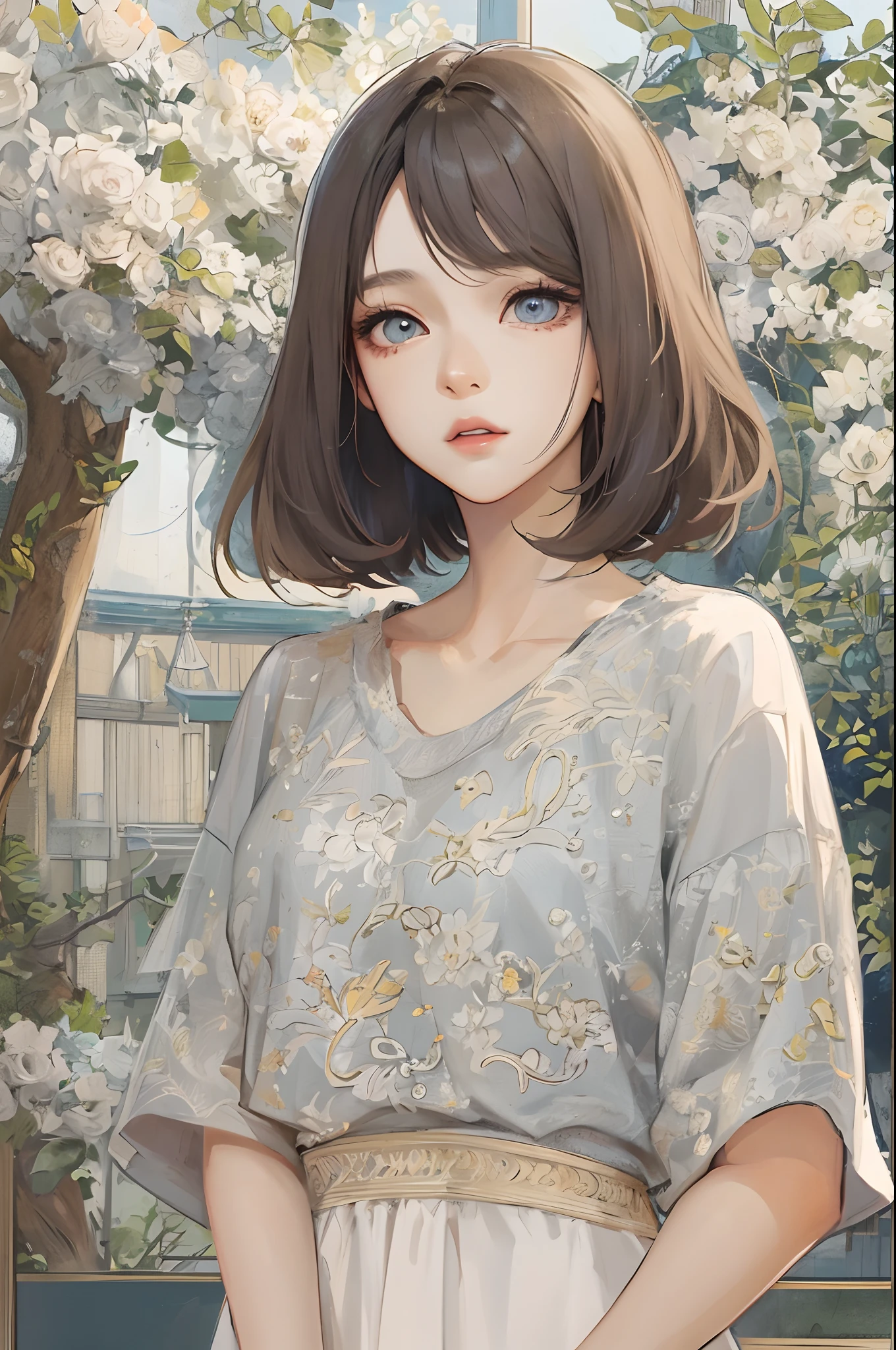 Absurdres, Masterpiece, Best quality, light colors, korean girl from webtoon with Beautiful face , beautiful short bob hair , a character from kdrama, anime eyes, semi casual clothes, masterpiece background, detailed background