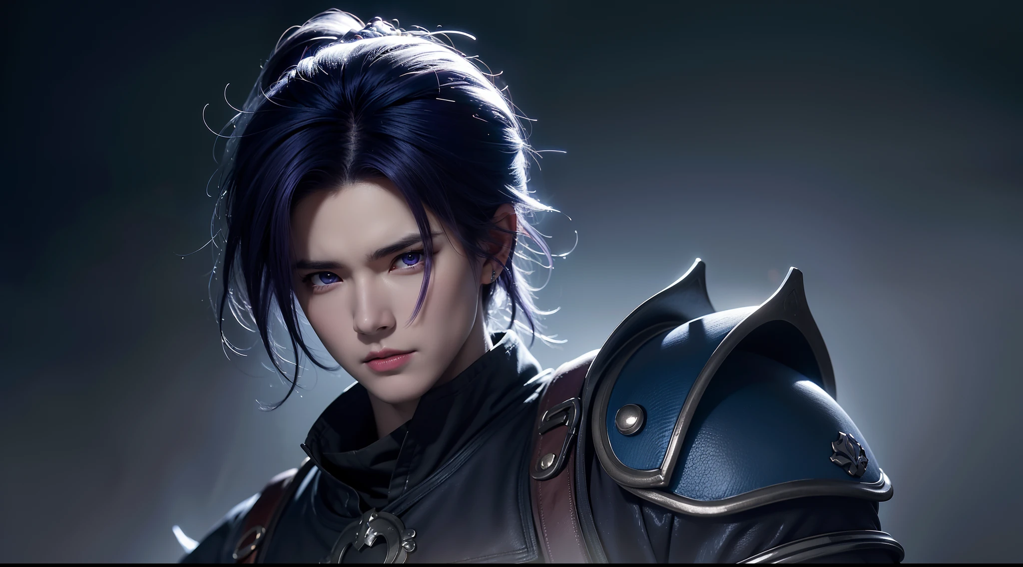 An 8k masterpiece, Highest resolution, Every detail, Meticulous details, Depth of field, bright colors, Nice layout: anime character Gohan impresses with his blue-purple hair and eyes that brightly illuminate every detail, standing on a dark and ominous background. This handsome demon slayer is the epitome of the bad guys in the fantasy art world.