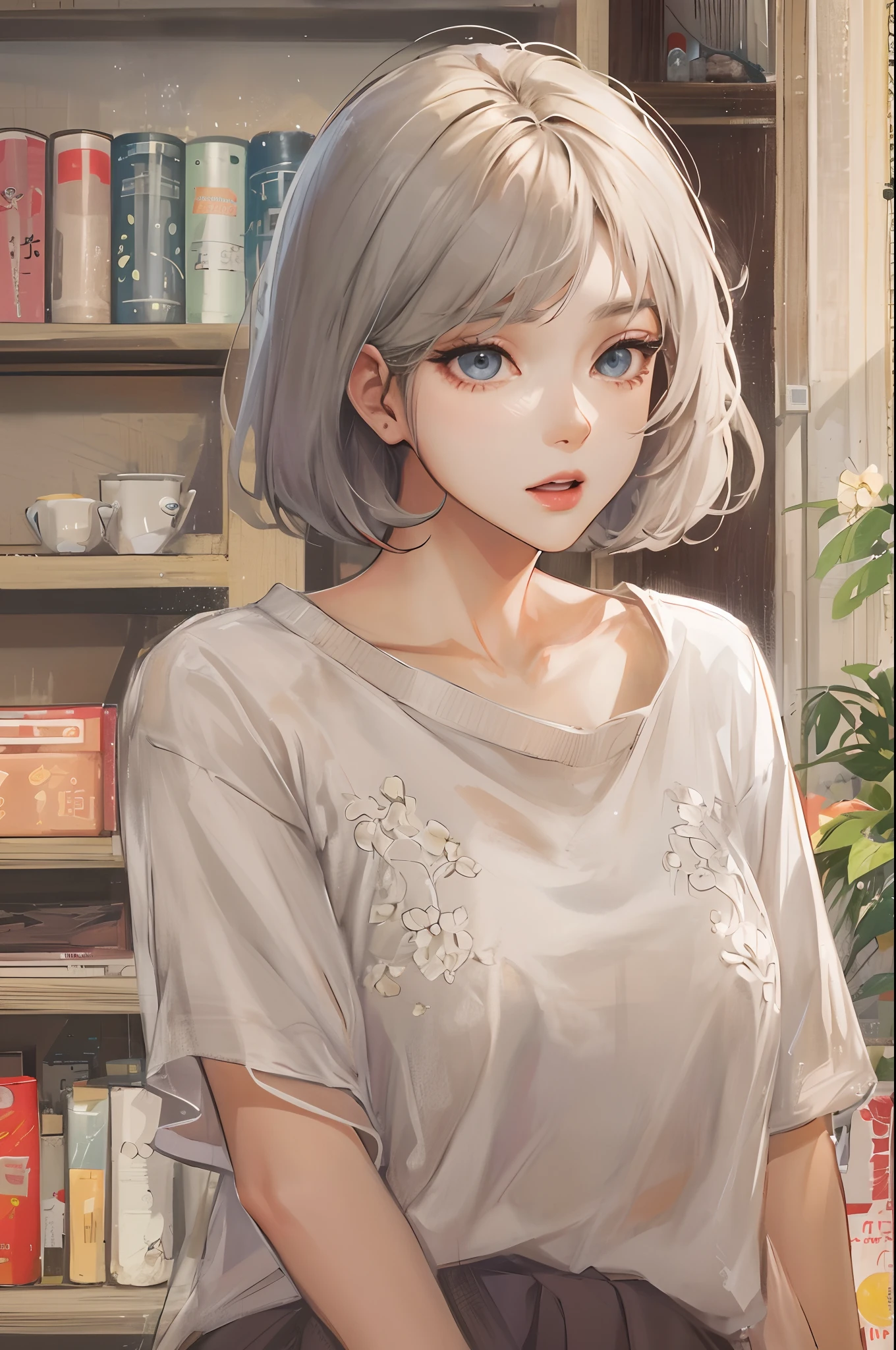 Absurdres, Masterpiece, Best quality, light colors, korean girl from webtoon with Beautiful face , beautiful short bob hair , a character from kdrama, anime eyes, semi casual clothes, masterpiece background, detailed background