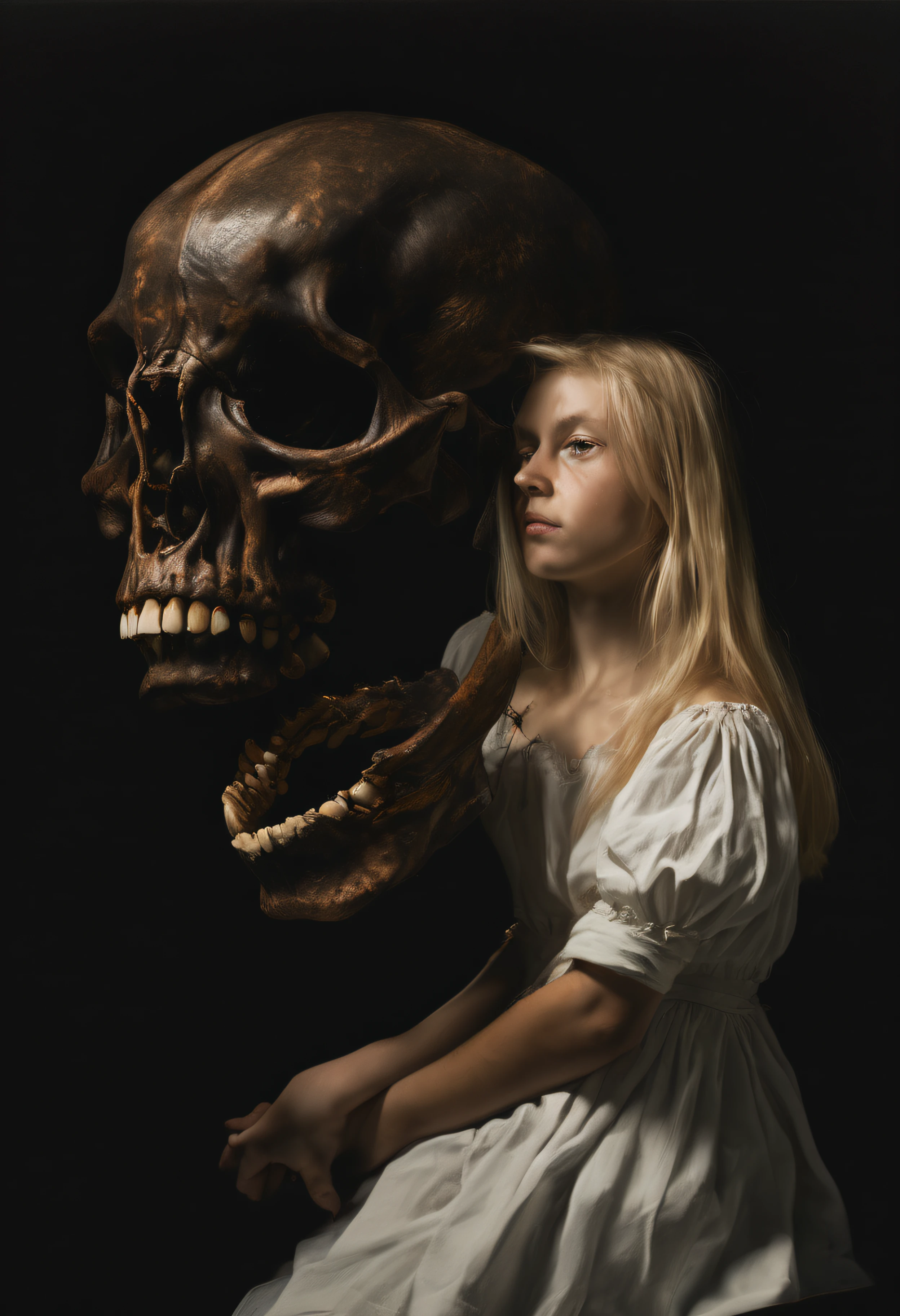 "(The best lighting, alto contraste, oscuro, dramatic),(Chica rubia junto a una cabra negra gigante, Open the rib cage, feto, autopsia, huesos humanos, sangre por las paredes). Luz Caravaggio"
