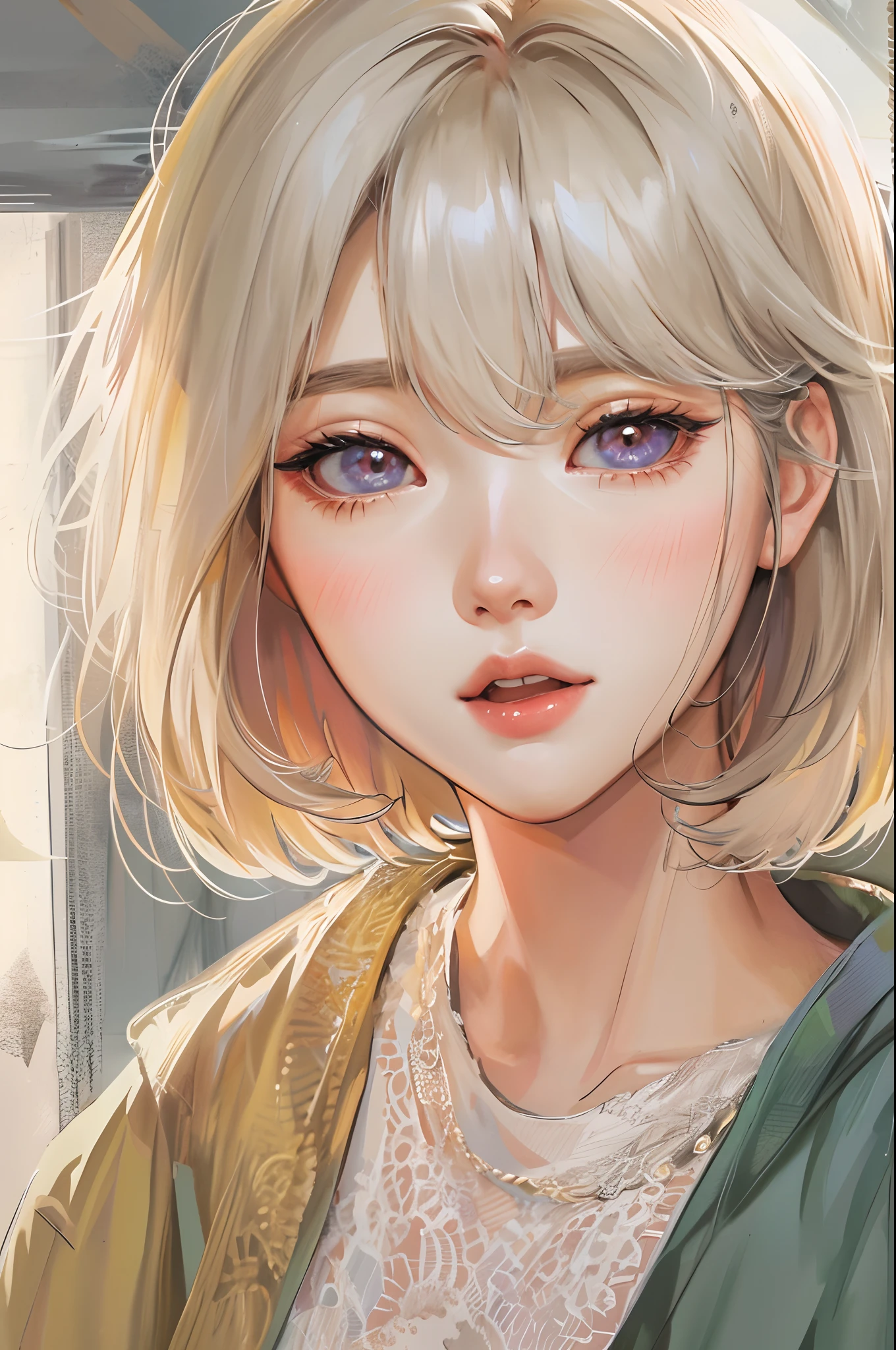 Absurdres, Masterpiece, Best quality, light colors, korean girl from webtoon with Beautiful face , beautiful short bob hair , a character from kdrama, anime eyes, semi casual clothes, masterpiece background, detailed background