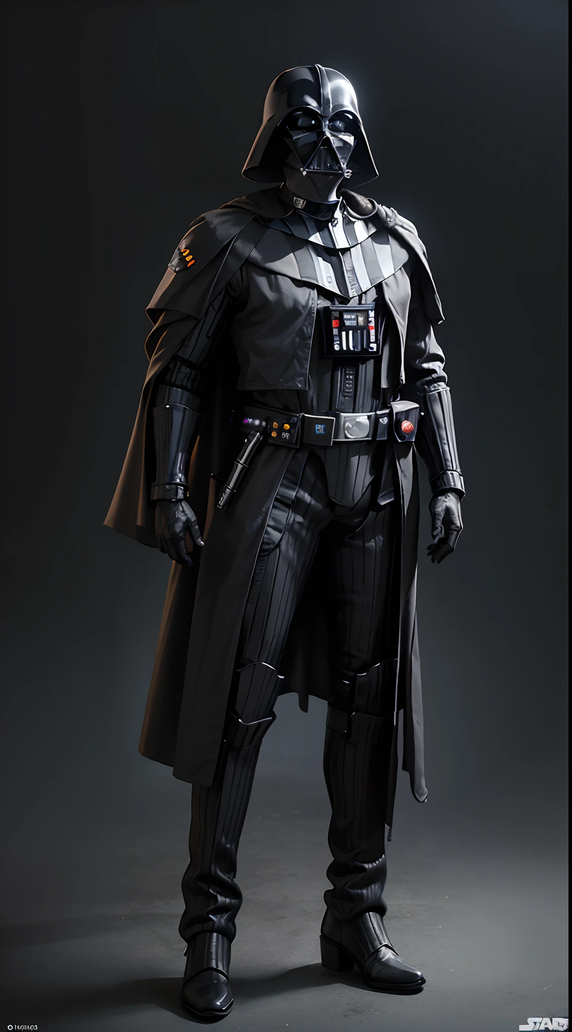 (Highest image quality, outstanding details, ultra-high resolution), 1 girl, (wearing futuristic military outfit), (glamour body:1.2, buffed and muscular body), (a bit chubby:0.5), (futuristic military outfit inspired by Darth Vader from Star Wars, military harness, military gears such as pouches), background military base, mild smile, dynamic pose, dramatic lighting, full body