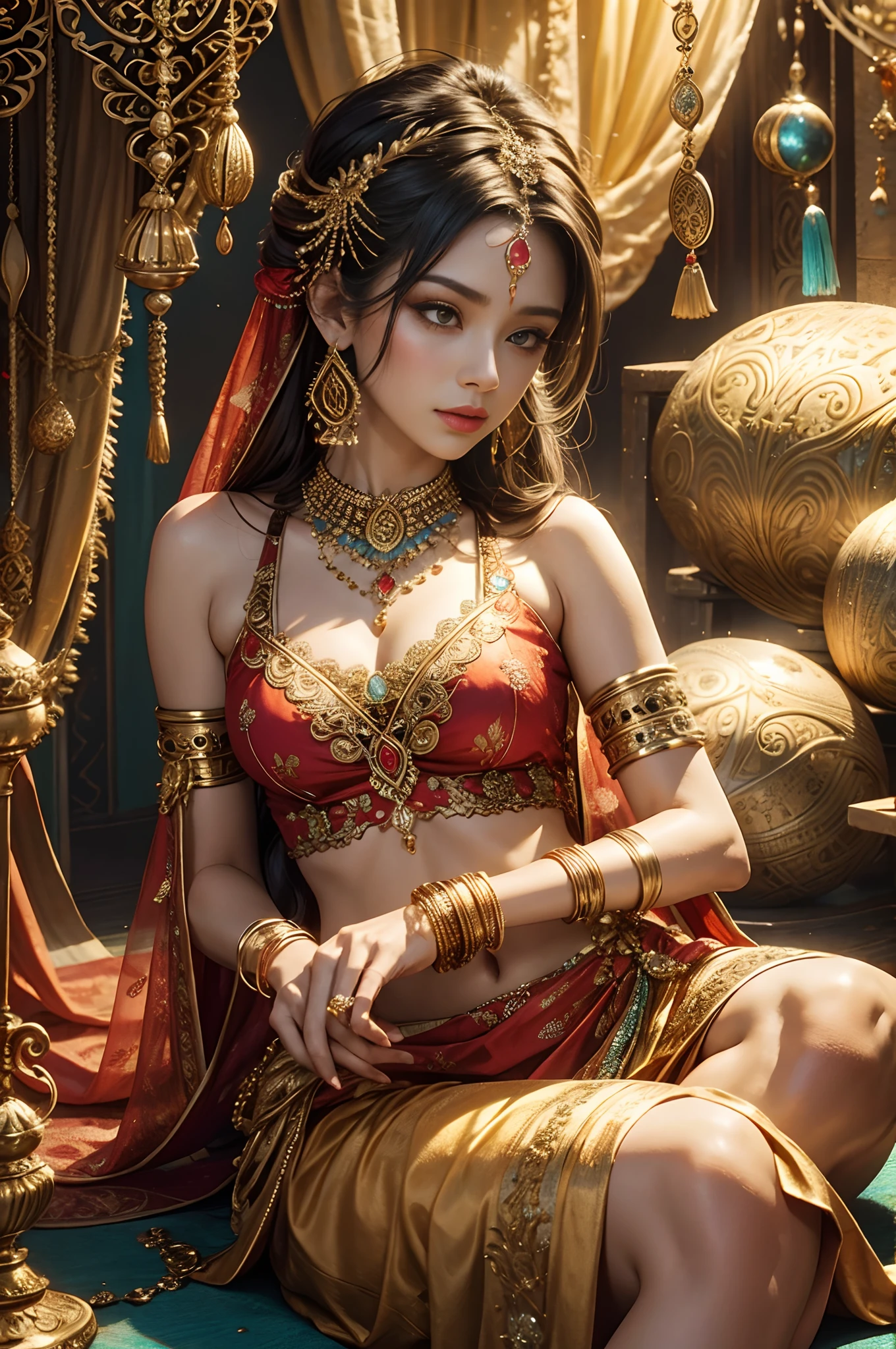 Young tantric priestess with tattoos and percings meditating in loincloths at a photorealistic Hindu temple --auto