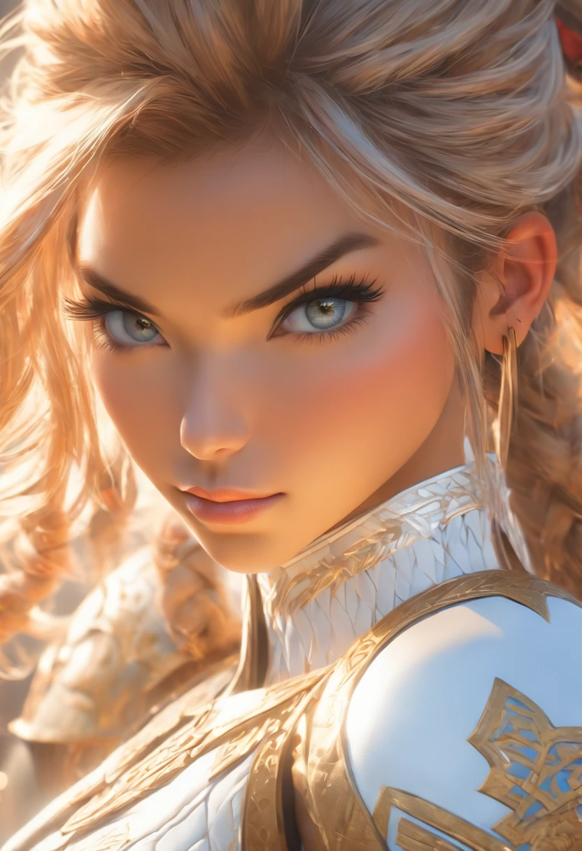 Hmong Girl,pretty face,Big boobs(10, RAW photo, bestquality, masterpiece:1.2), (Realistic, photo-realistic:1.4), (extremely detailed cg unity 8k wallpaper), full entire body (hooligan:1.1) Woman wearing gold (leather armor:1.3), Worn armor, (Insanely detailed:1.5), Gold and (white:1.5), Concept art portrait by Greg Rutkowski, artgerm, Overly intricate detail Gothic art that tends in Artstation, Marvel, intricate detailed, (Small Blue Highlights:1), (red, Wavy Hair, high ponytail: 1