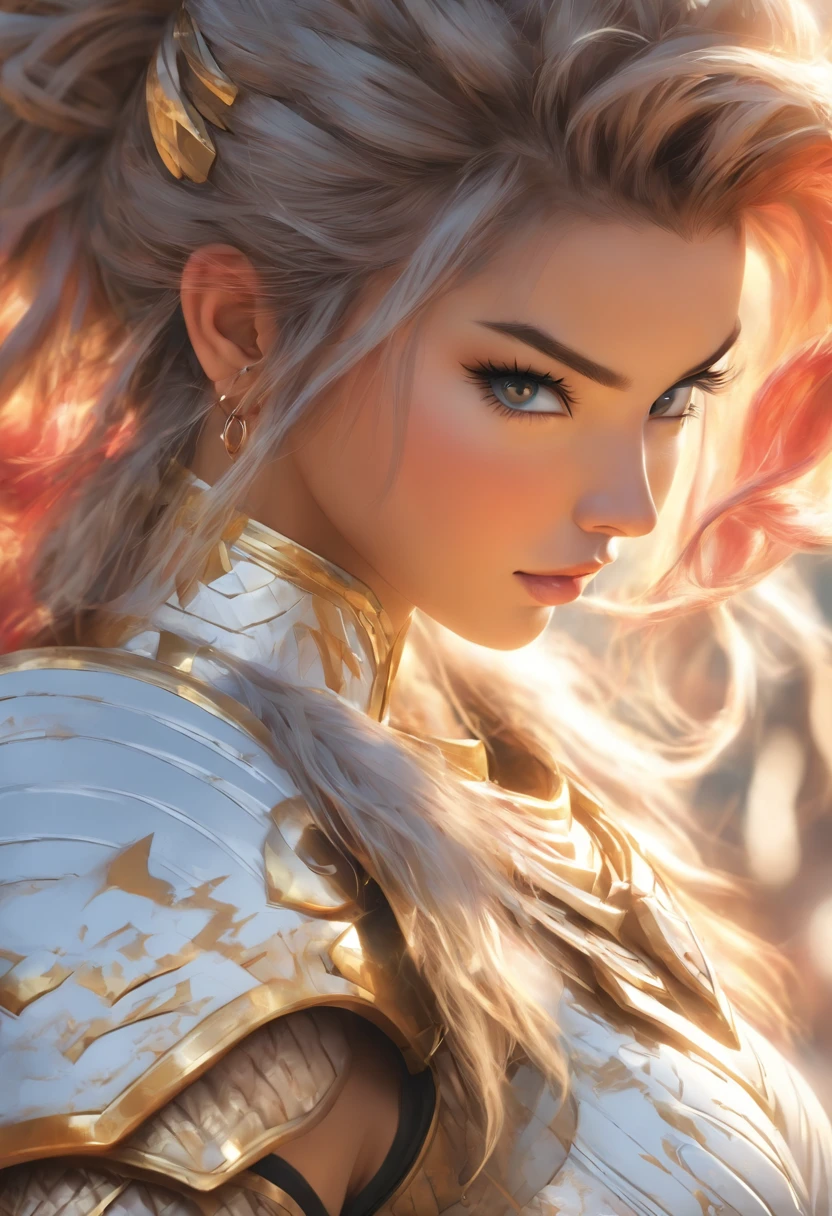 Hmong Girl,pretty face,Big boobs(10, RAW photo, bestquality, masterpiece:1.2), (Realistic, photo-realistic:1.4), (extremely detailed cg unity 8k wallpaper), full entire body (hooligan:1.1) Woman wearing gold (leather armor:1.3), Worn armor, (Insanely detailed:1.5), Gold and (white:1.5), Concept art portrait by Greg Rutkowski, artgerm, Overly intricate detail Gothic art that tends in Artstation, Marvel, intricate detailed, (Small Blue Highlights:1), (red, Wavy Hair, high ponytail: 1