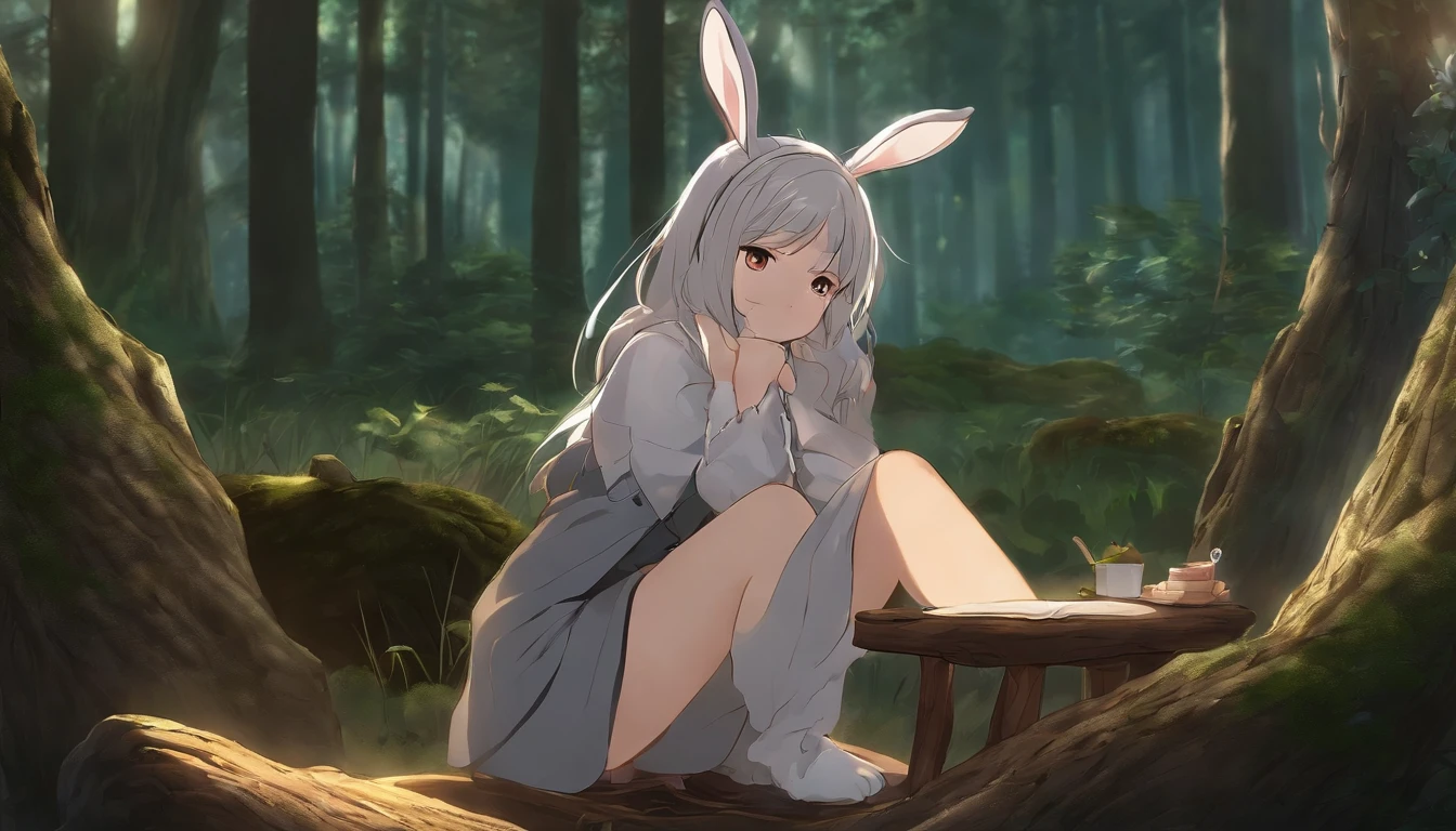 Rabbit ears Gray hair color girl with natta in woods Large screen on the back A few wooden stump chairs in front of the screen DJ Laser illumination Anime Pictures