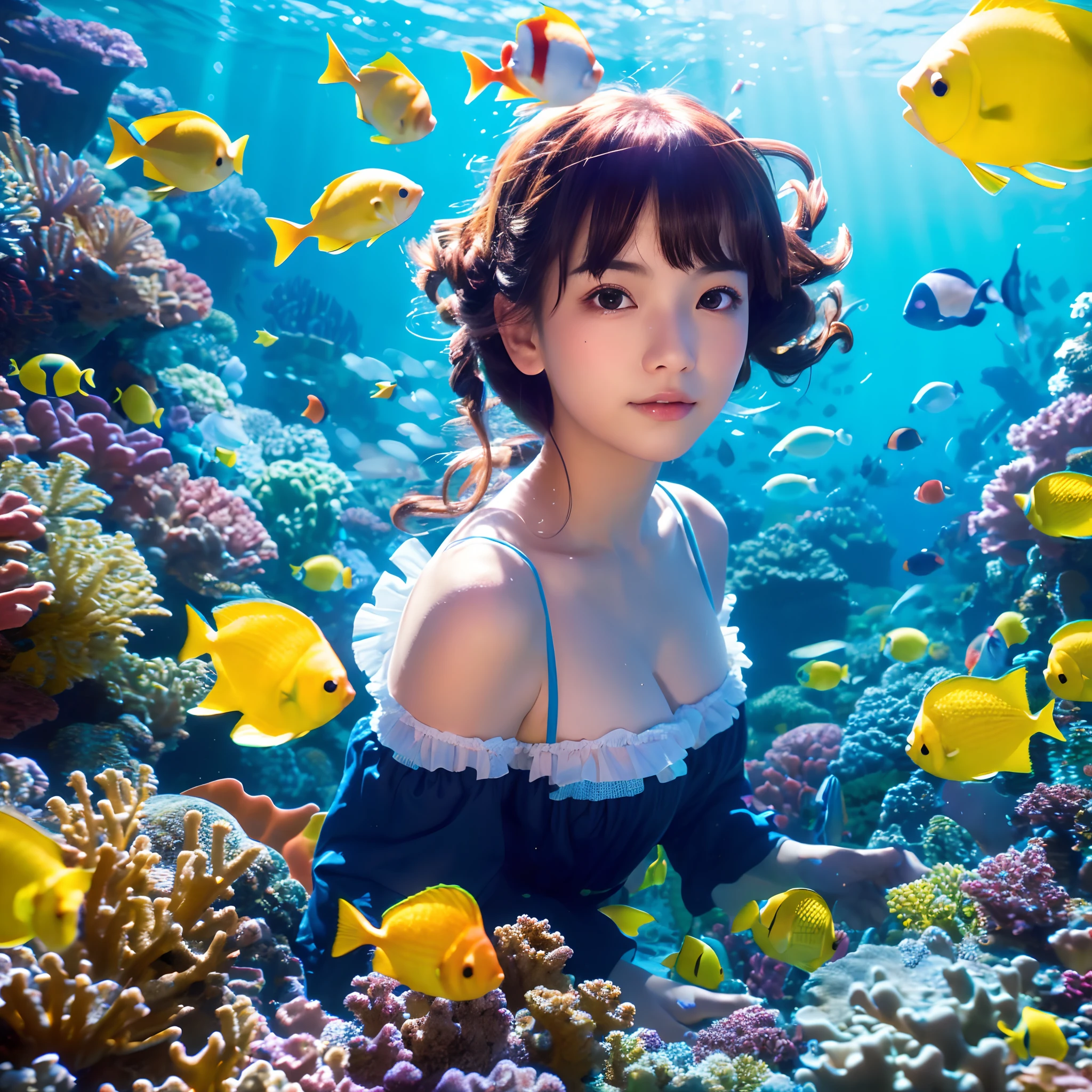 "(Best Quality,8K,hight resolution,masutepiece:1.2),Ultra-detailed,Beautiful girl in the water surrounded by colorful fish,reefs,The abyss of the soft and ethereal sea,Gentle sunlight illuminating the scene"