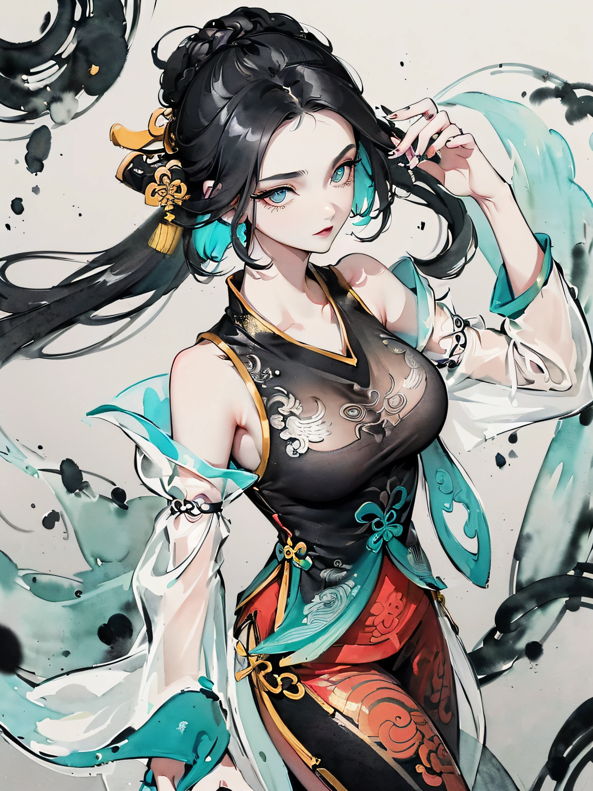 (((((((Chinese ink painting，watercolor paiting，ancient chinese costume,off shoulders,very long sleeves,black hair,see-through sleeves,Cyan lining，Cyan vest)))))))，((1lady,adorable korean mixed race of  Saudi Arabia girl，rosto magro，Solo,))(Masterpiece,Best quality, offcial art, Beautiful and aesthetic:1.2),((超高分辨率,Golden ratio,)) (16k),((Melon seed face，from above，big breast,detailed background of chinese waterink paintings)),(Physically-based rendering),Amazing,Sharp focus, (((highdetailskin,))),Intricately detailed clothing,Lying silkworm eyebrows，Delicate pupils,danfeng eye,((((detailed hair,long hair|Shaggy cut|Long bold side bangs|Sleek cut|Voluminous updo|Undercut)))),Slender,(masterpiece sidelighting),(The sheen),(beautiful hair,beautiful eyes,）[[Delicate fingers and hands:0.55]::0.85],(Detail fingers),(((Superior quality,)))),((unbelievable Ridiculous,)),((extremely_Detailed_Eyes_and_face)),Movie girl,(Dynamic configuration: 1.2),Brilliant,Glossy
