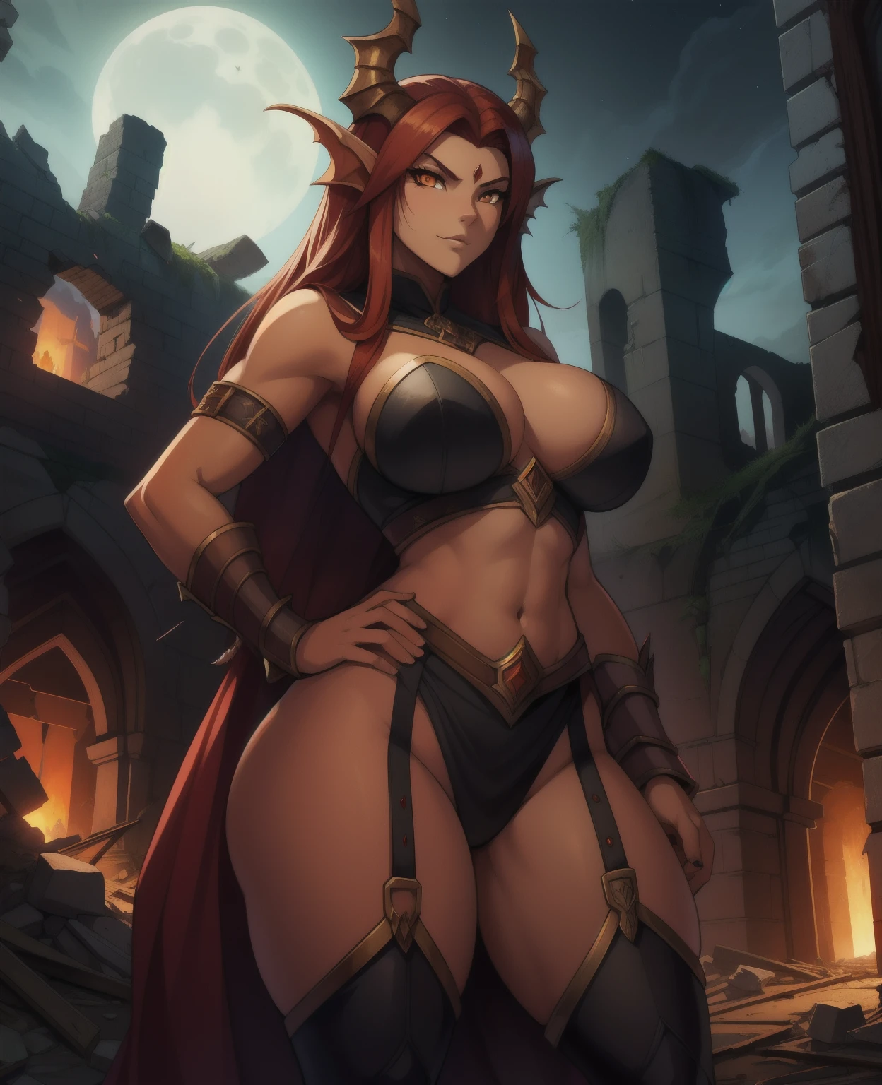 bestquality, 1 girl, Colossal macros, Dragon Face, Orange eyes, Black fir, Red belly, Dragon Woman, Colossal, Furry female, humans, (In the ruins of the castle at night.), conqueror.