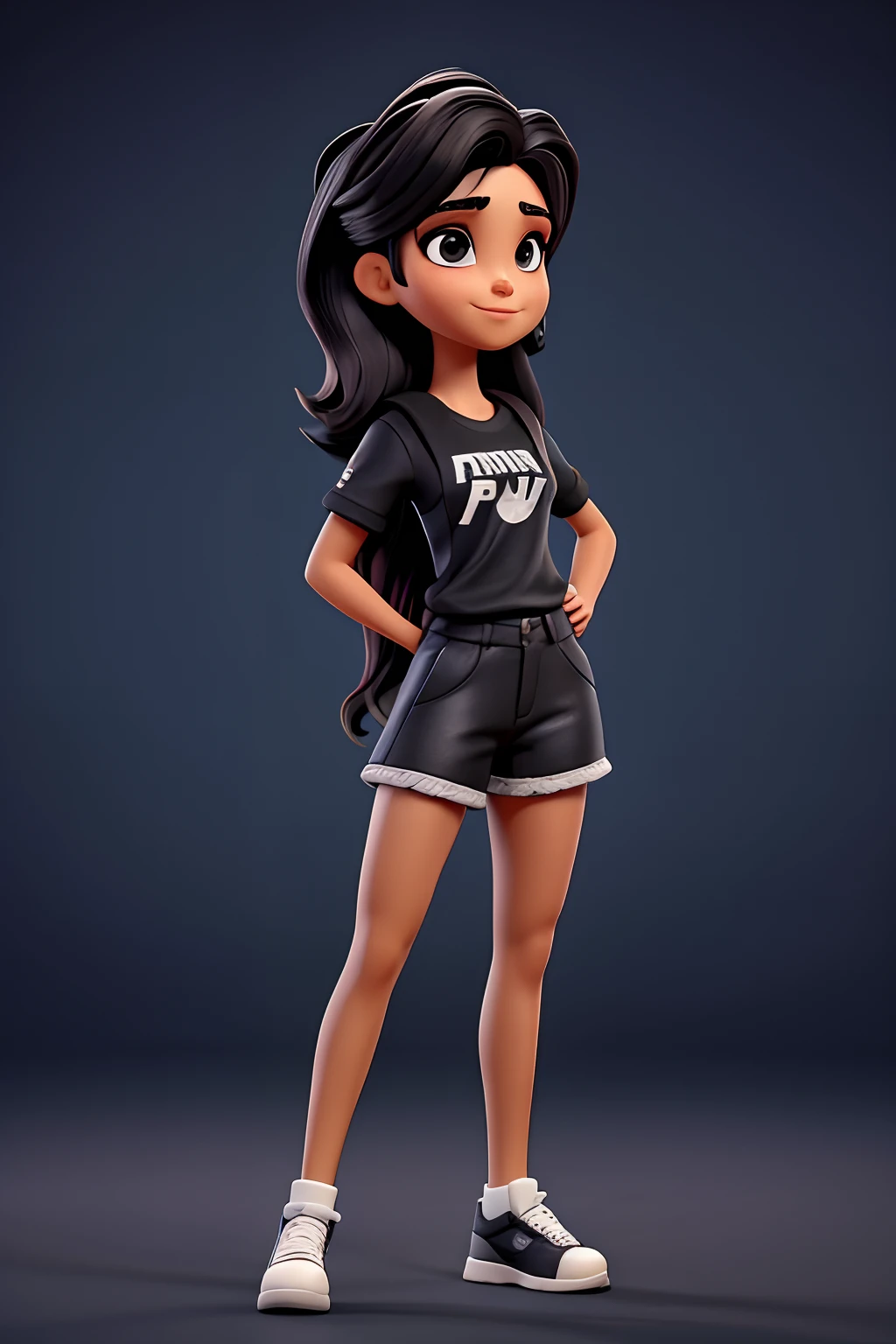 mulher, cor de pele branca, cabelo liso preto, cabelo curto, 23 anos, camiseta cor preta, apontando para o lado cima